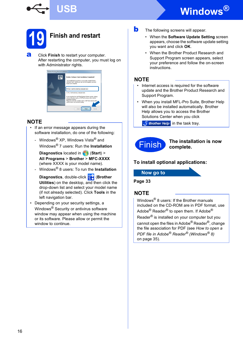 19 finish and restart, Windows, Finish | Finish and restart | Brother MFC-J470DW User Manual | Page 16 / 36