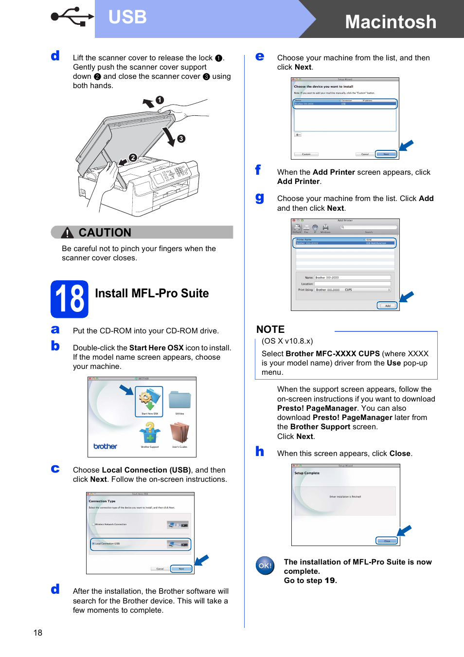 18 install mfl-pro suite, Macintosh usb | Brother MFC-J470DW User Manual | Page 18 / 36