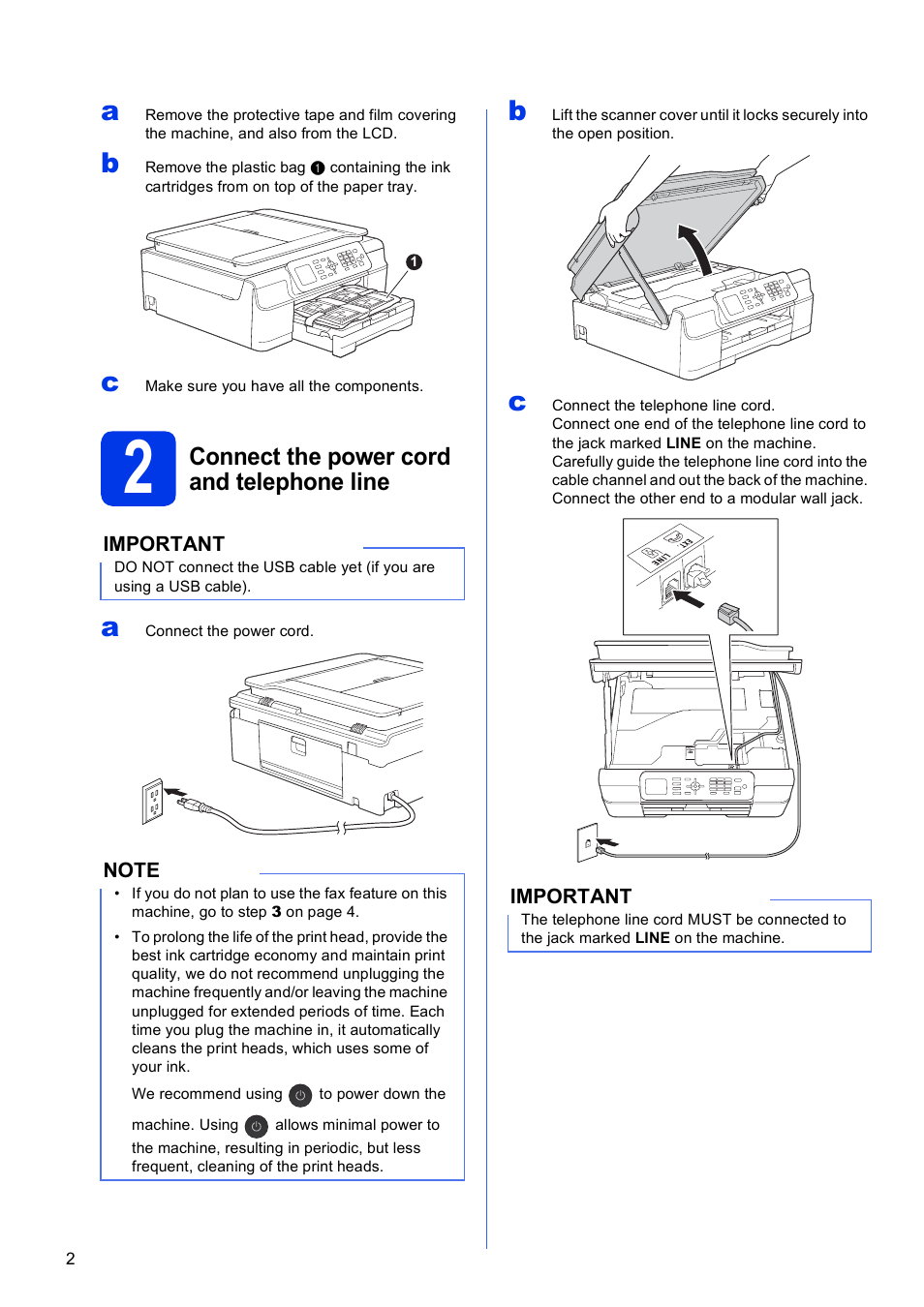2 connect the power cord and telephone line, Connect the power cord and telephone line | Brother MFC-J470DW User Manual | Page 2 / 36