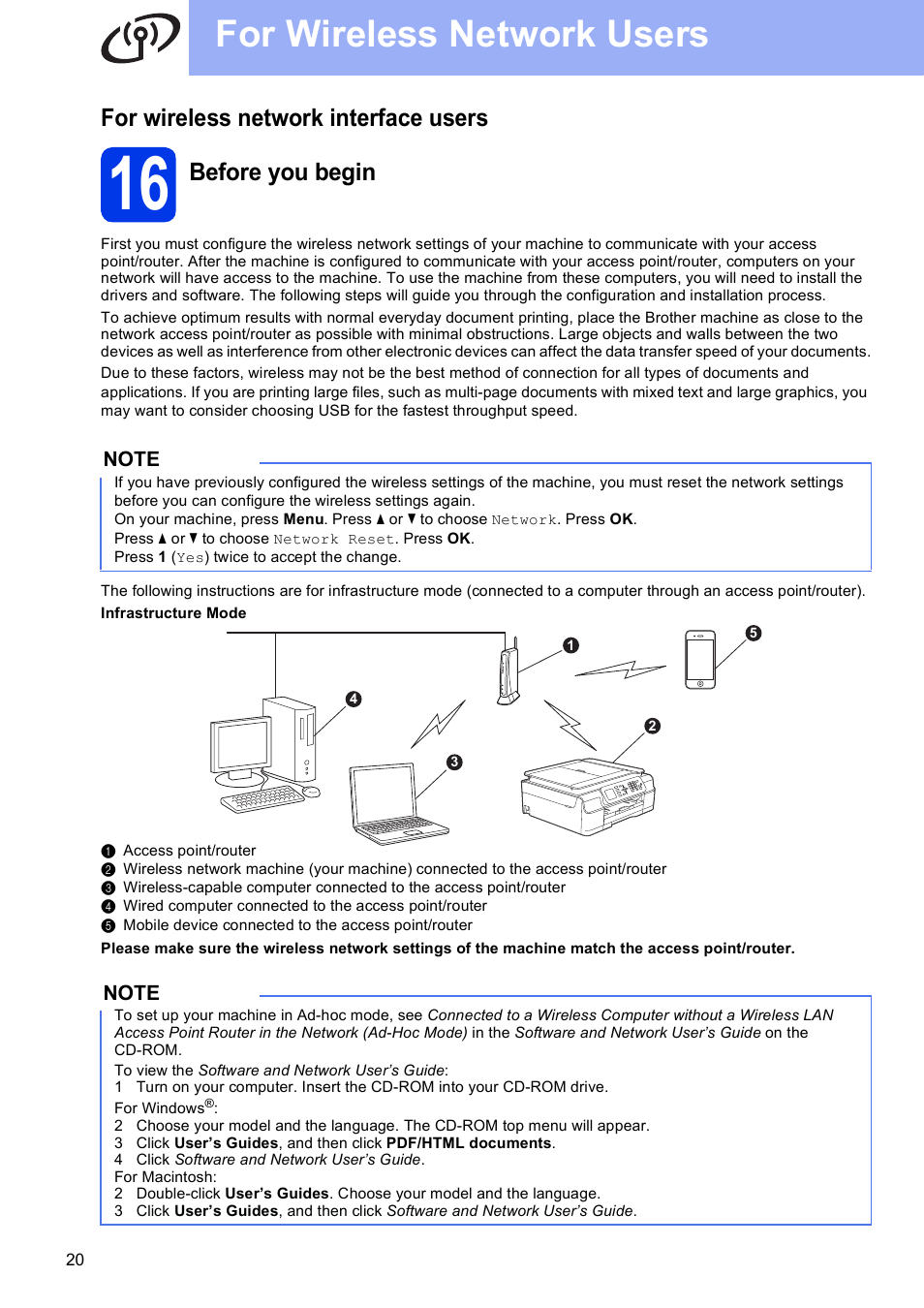 For wireless network interface users, 16 before you begin, For wireless network users | Before you begin | Brother MFC-J470DW User Manual | Page 20 / 36