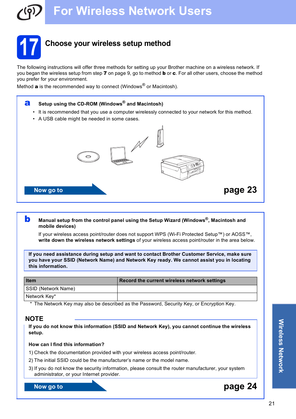 17 choose your wireless setup method, For wireless network users, Page 23 b | Page 24, Choose your wireless setup method | Brother MFC-J470DW User Manual | Page 21 / 36