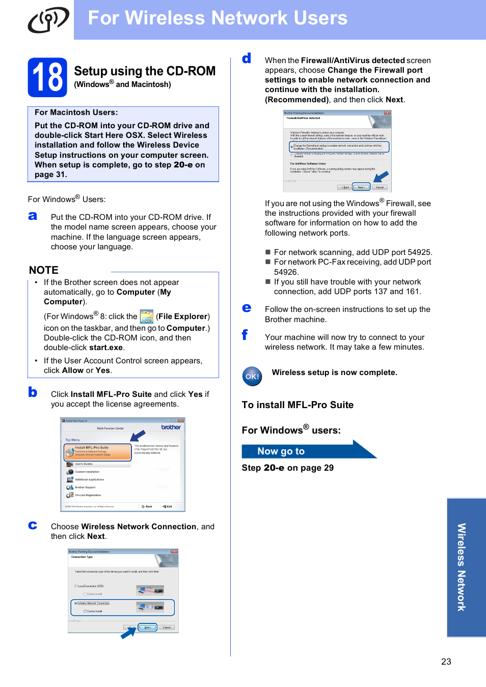 18 setup using the cd-rom (windows® and macintosh), For wireless network users, Setup using the cd-rom | Brother MFC-J470DW User Manual | Page 23 / 36