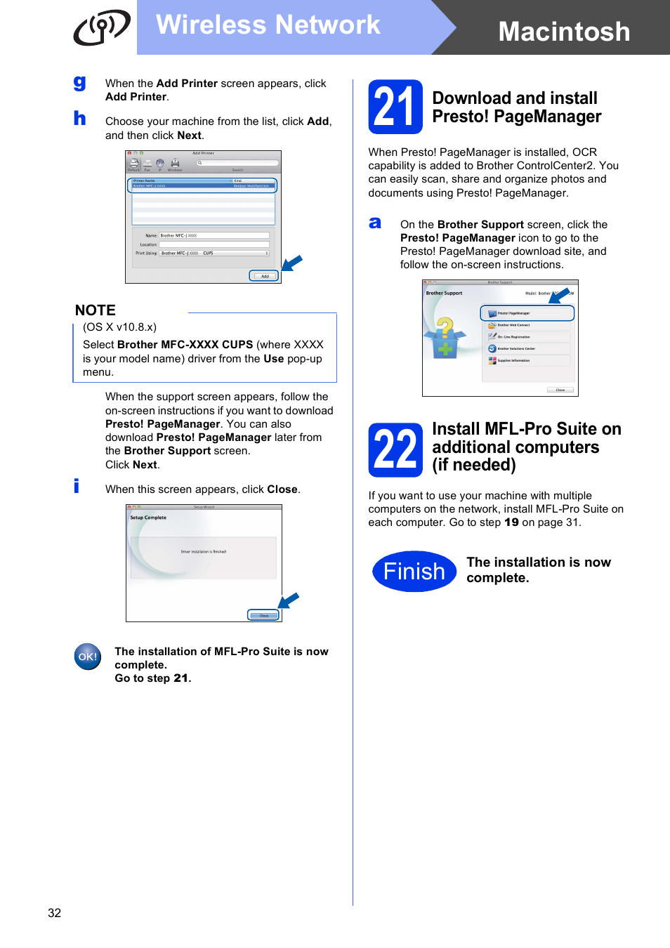Macintosh wireless network, Finish | Brother MFC-J470DW User Manual | Page 32 / 36