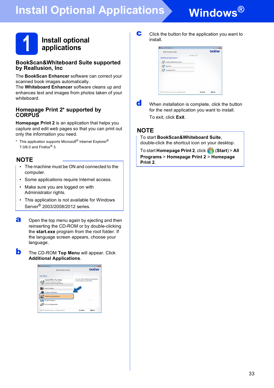 Install optional applications windows, 1 install optional applications, Windows | Install optional applications | Brother MFC-J470DW User Manual | Page 33 / 36