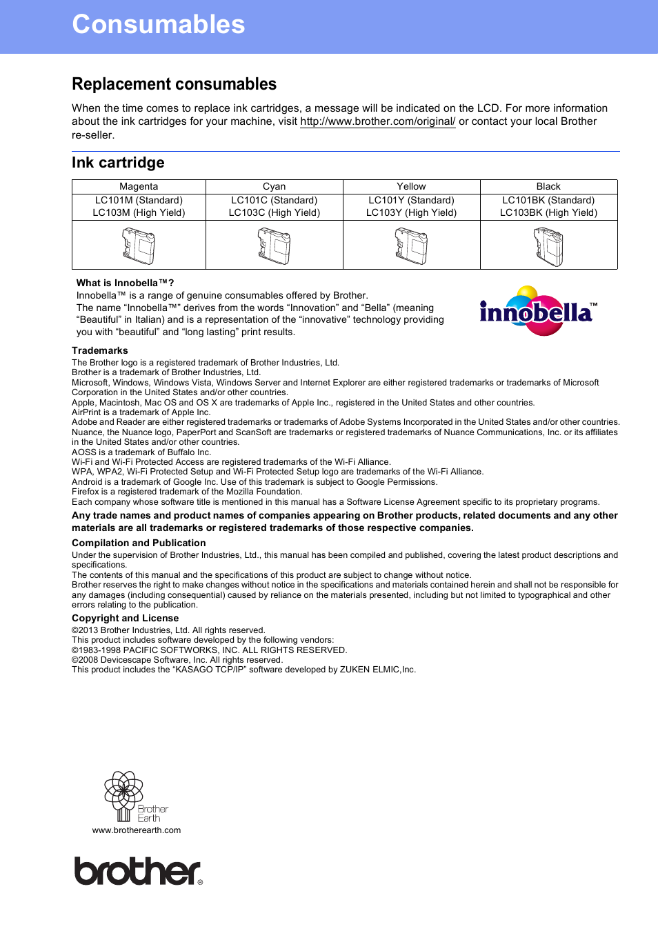 Consumables, Replacement consumables, Ink cartridge | Brother usa/can | Brother MFC-J470DW User Manual | Page 36 / 36