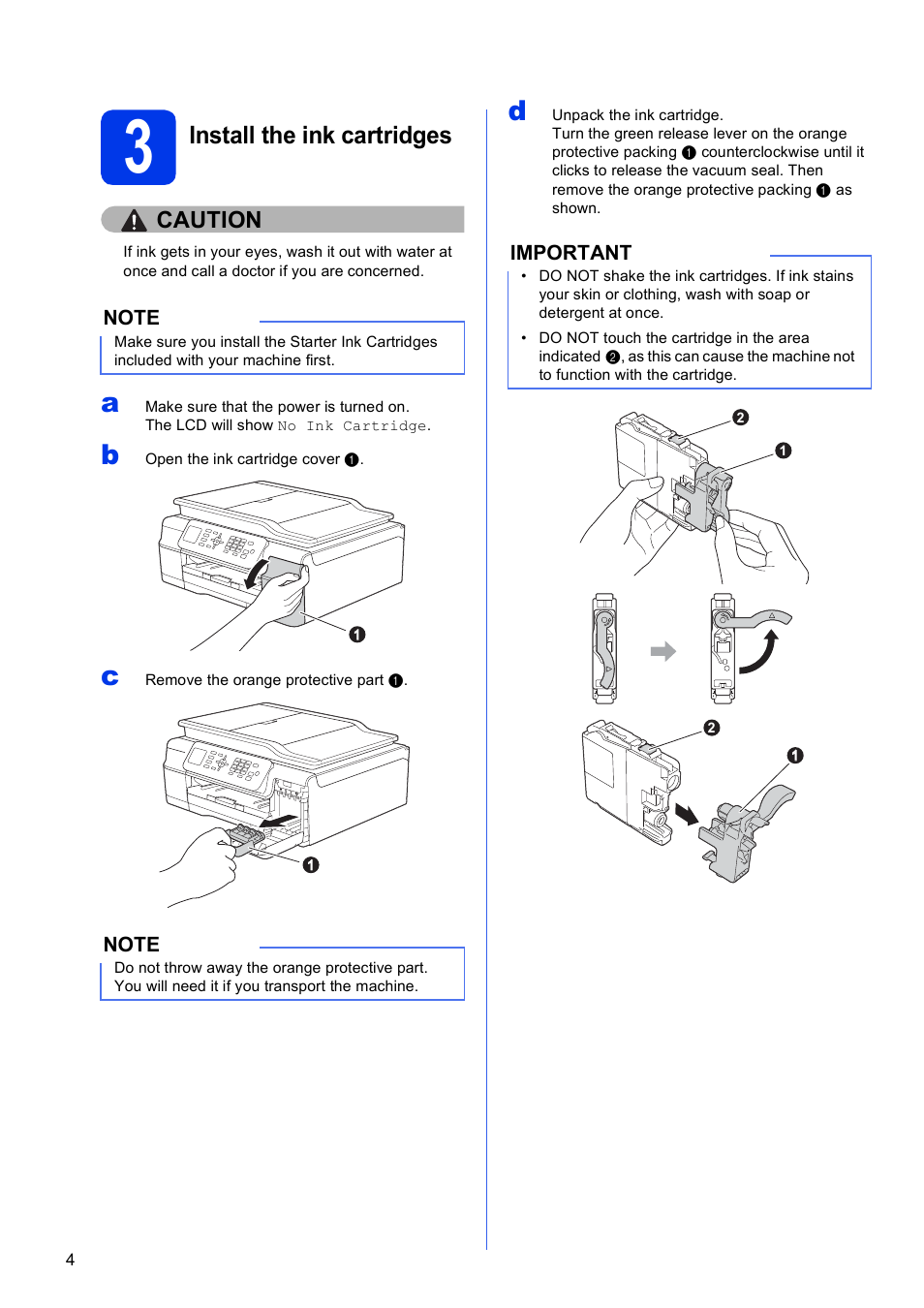 3 install the ink cartridges, Install the ink cartridges | Brother MFC-J470DW User Manual | Page 4 / 36