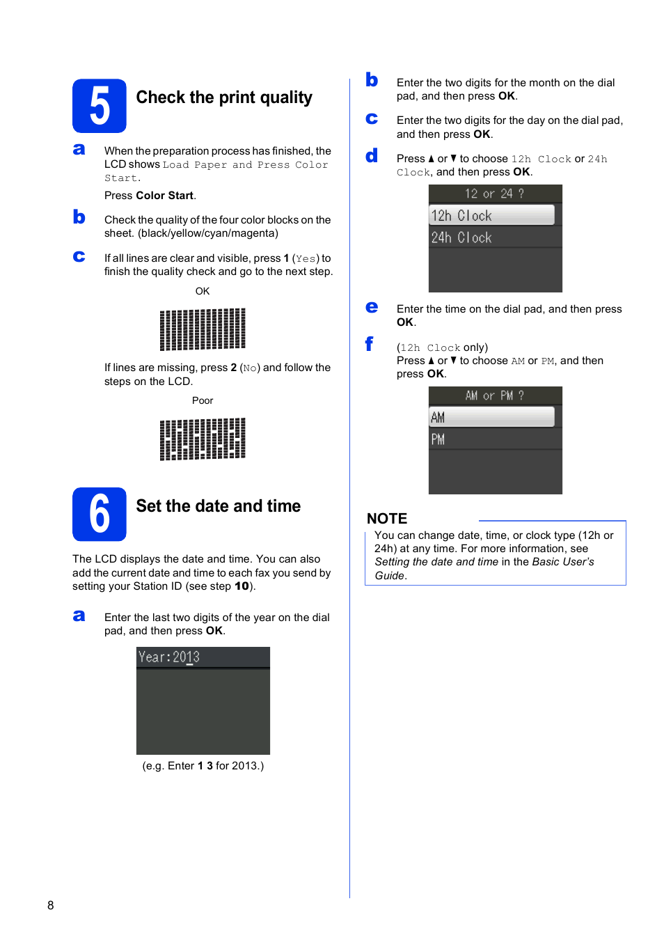 5 check the print quality, 6 set the date and time | Brother MFC-J470DW User Manual | Page 8 / 36