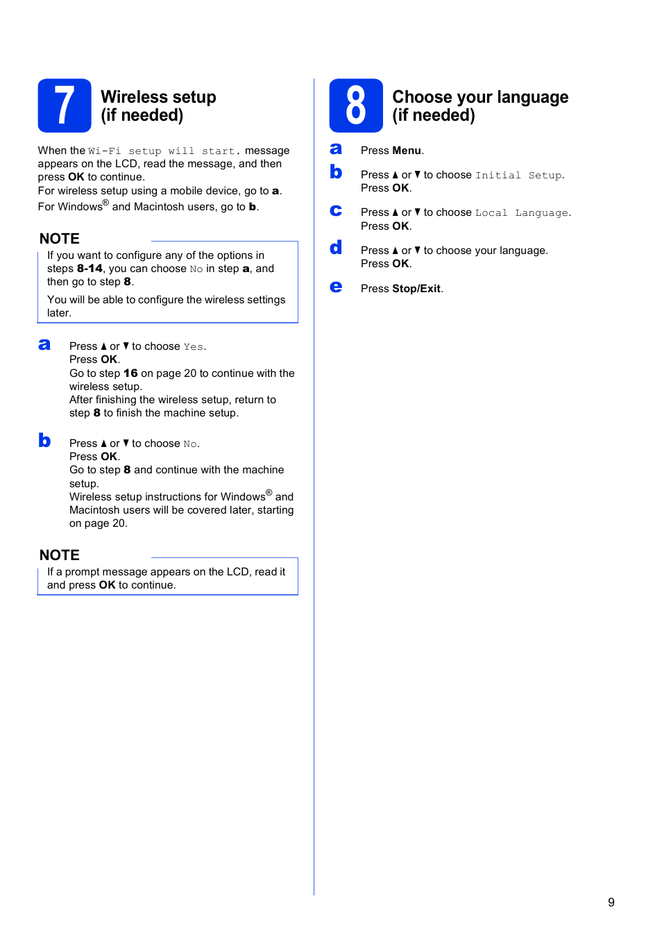 7 wireless setup (if needed), 8 choose your language (if needed), Wireless setup (if needed) | Choose your language (if needed) | Brother MFC-J470DW User Manual | Page 9 / 36