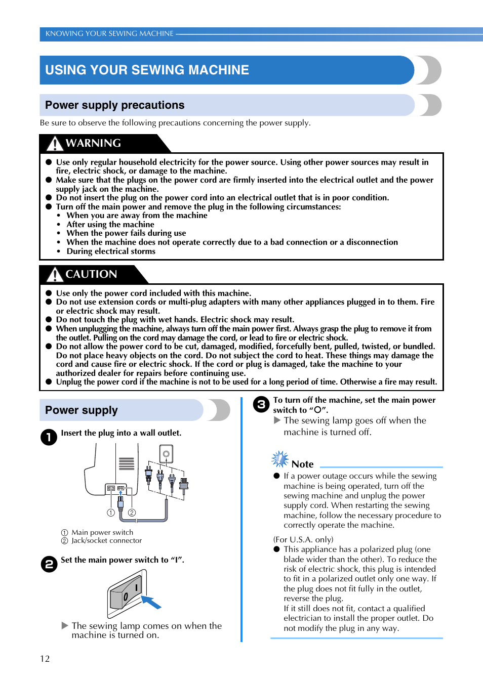 Using your sewing machine, Power supply precautions, Power supply | Warning caution | Brother CP-7500 User Manual | Page 14 / 100