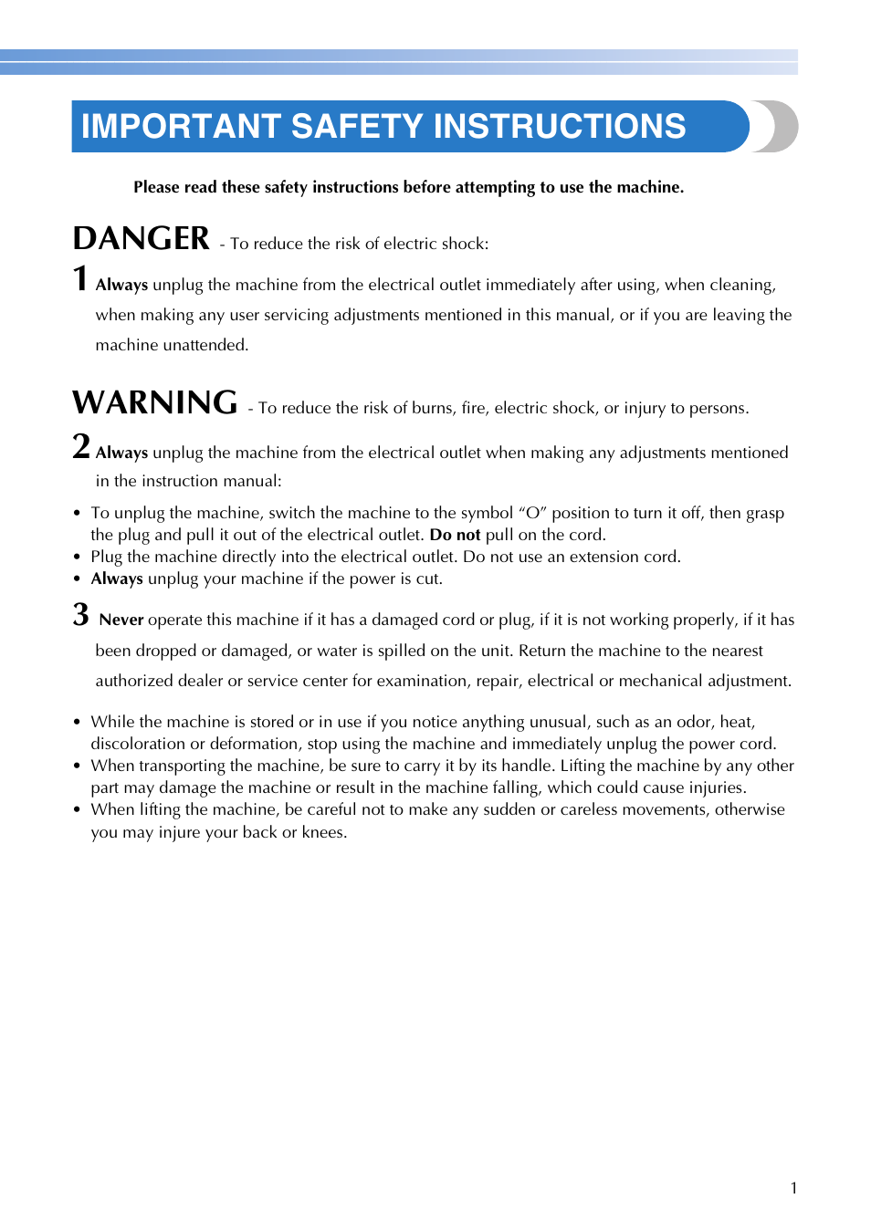 Important safety instructions, Danger, Warning | Brother CP-7500 User Manual | Page 3 / 100