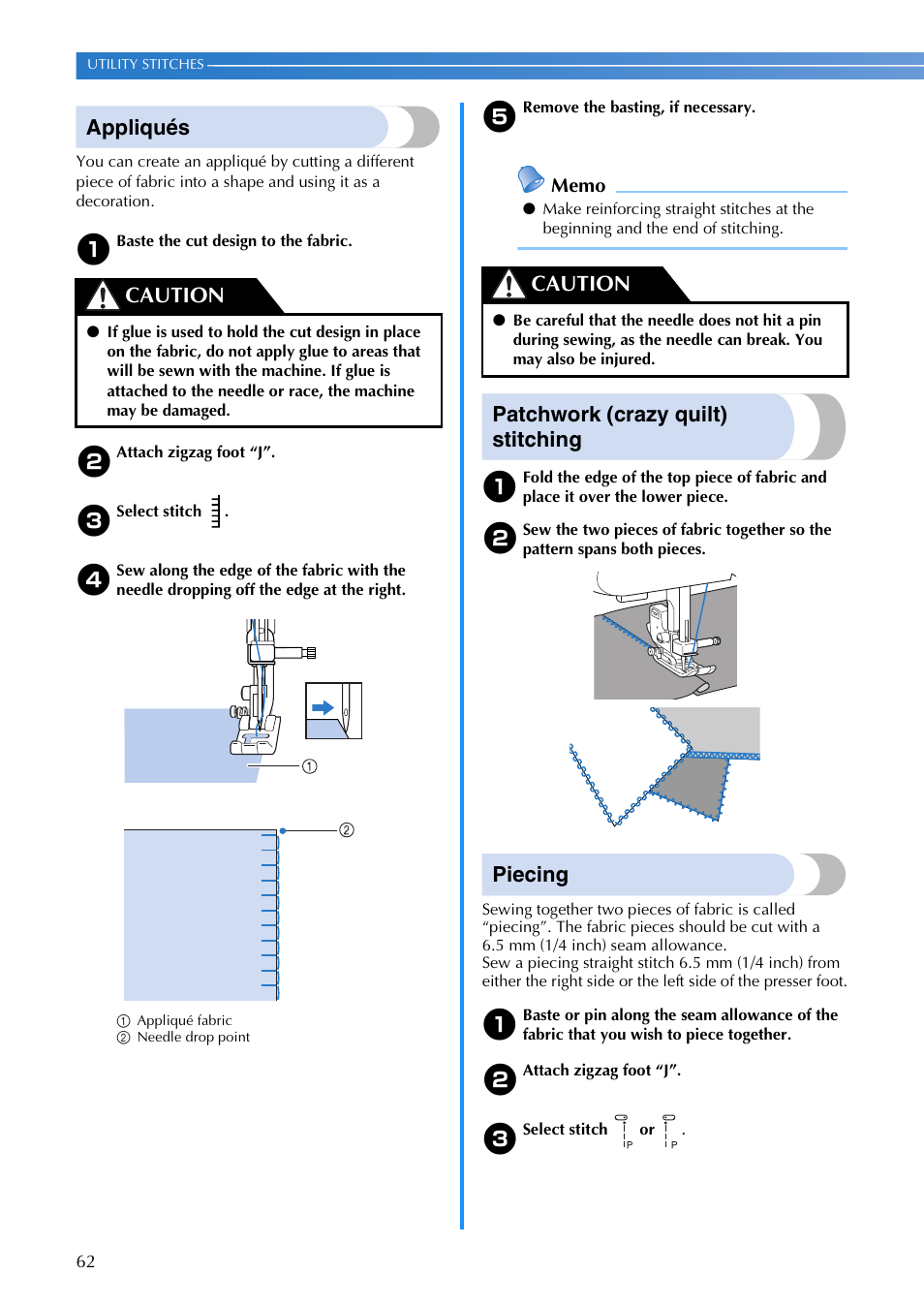 Appliqués, Patchwork (crazy quilt) stitching, Piecing | Caution | Brother CP-7500 User Manual | Page 64 / 100