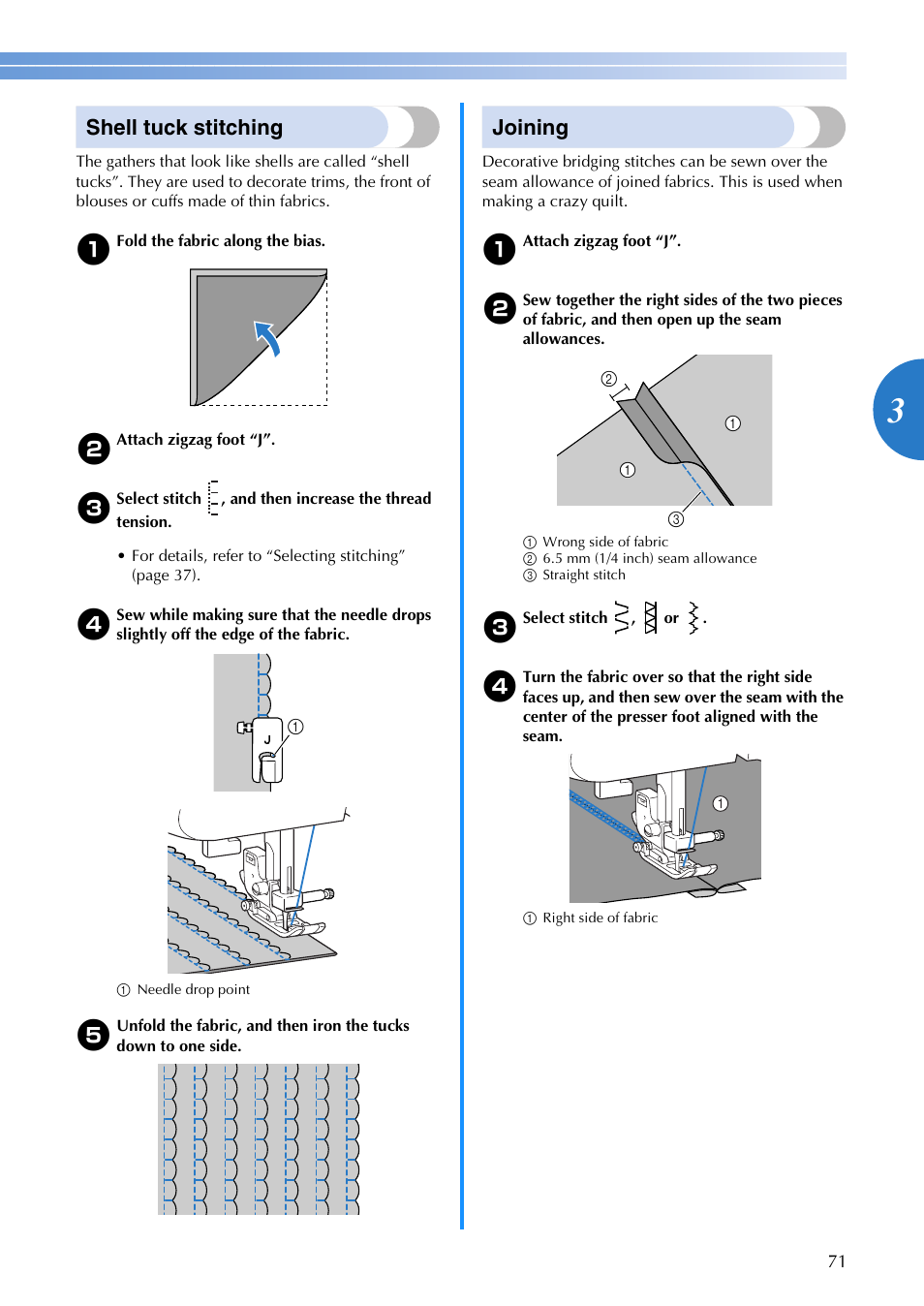 Shell tuck stitching, Joining | Brother CP-7500 User Manual | Page 73 / 100