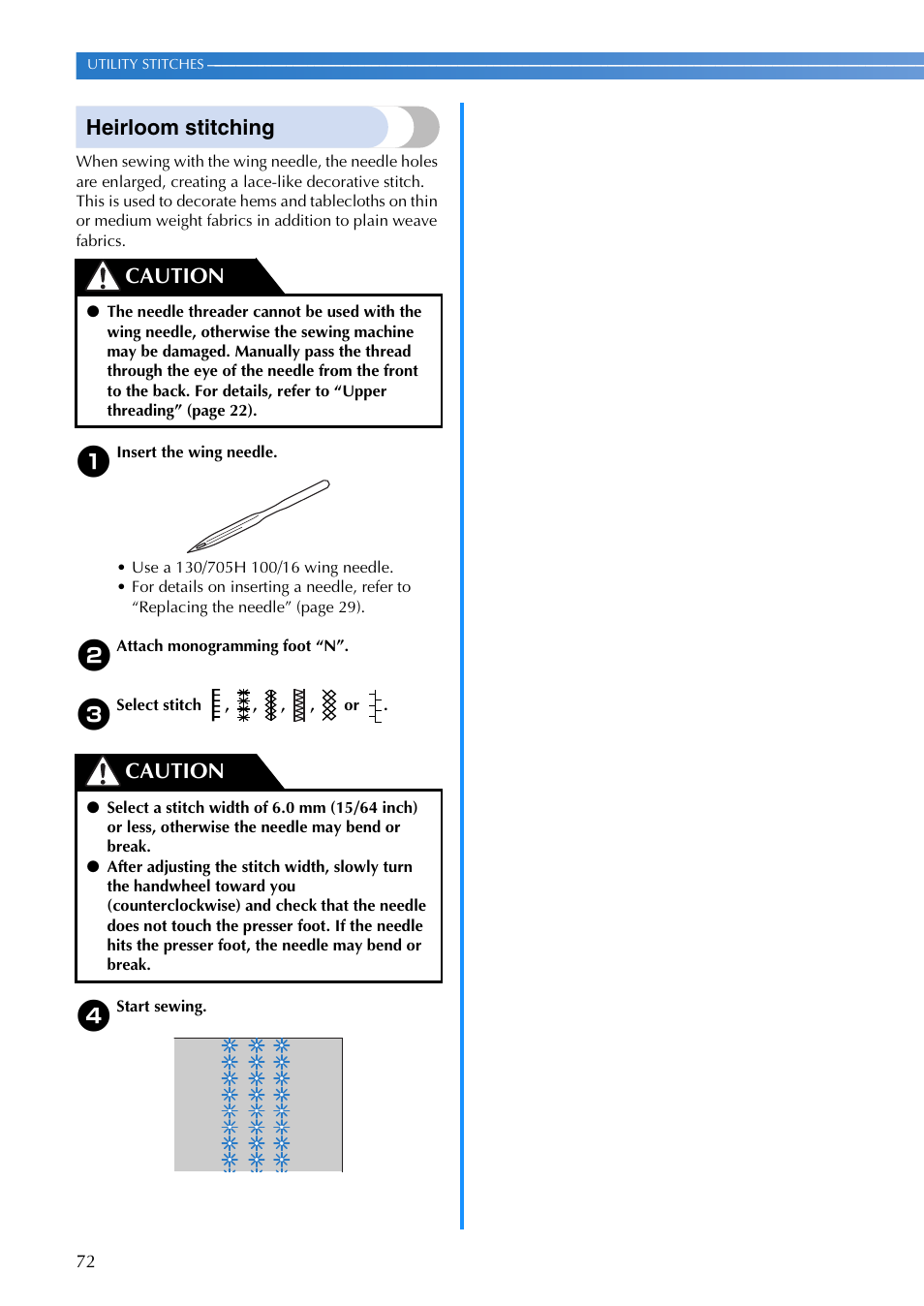 Heirloom stitching, Caution | Brother CP-7500 User Manual | Page 74 / 100