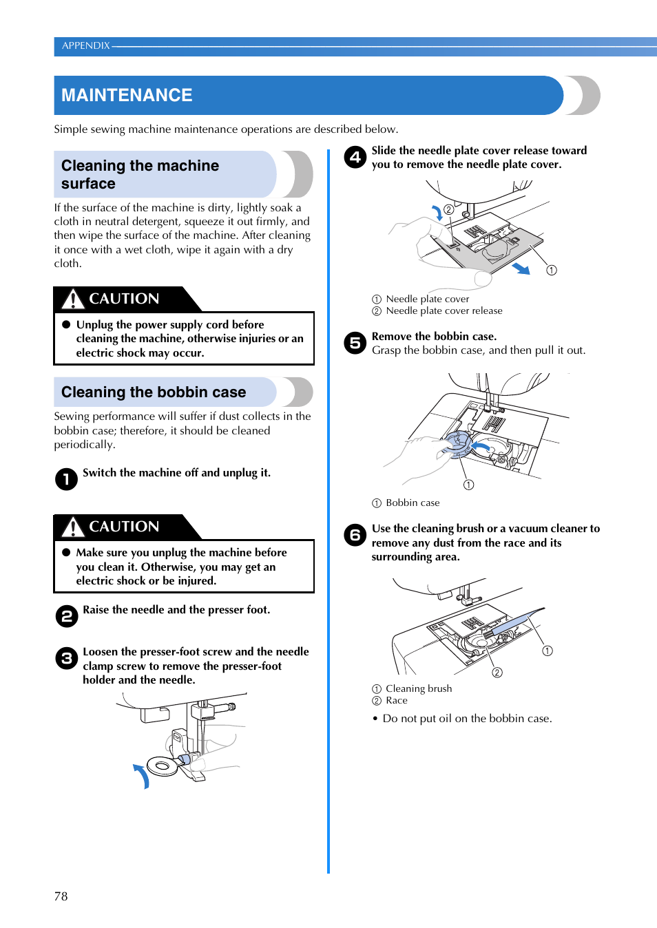 Maintenance, Cleaning the machine surface, Cleaning the bobbin case | Caution | Brother CP-7500 User Manual | Page 80 / 100