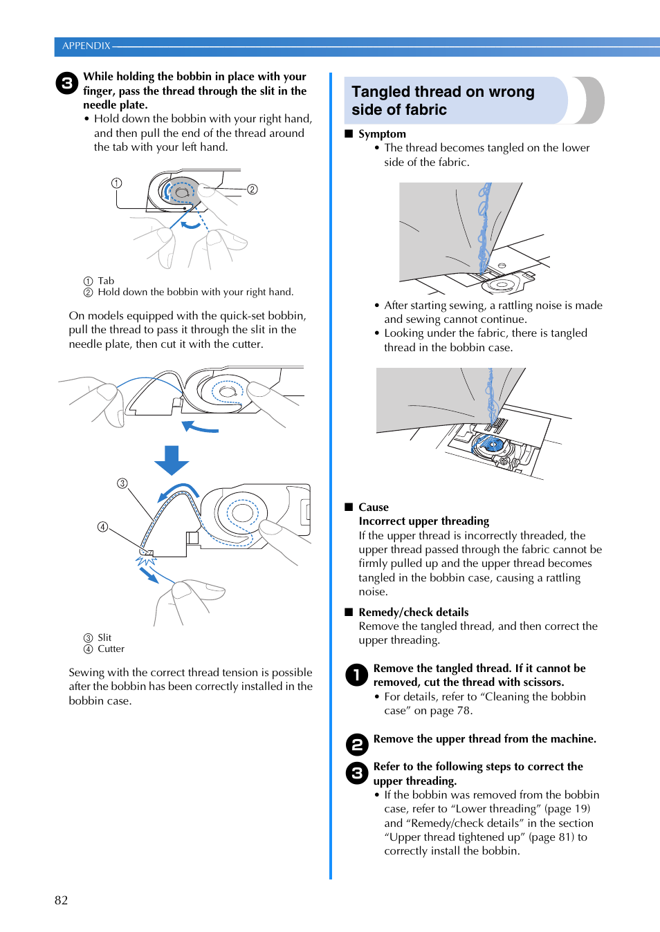 Tangled thread on wrong side of fabric | Brother CP-7500 User Manual | Page 84 / 100