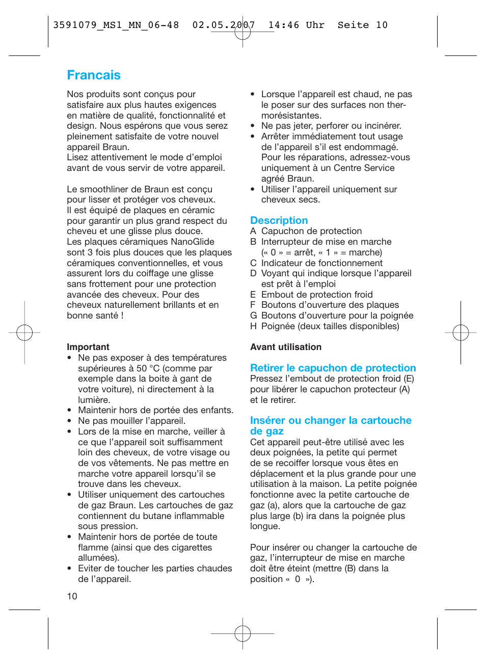 Francais | Braun MS1 smoothliner cordless User Manual | Page 10 / 43