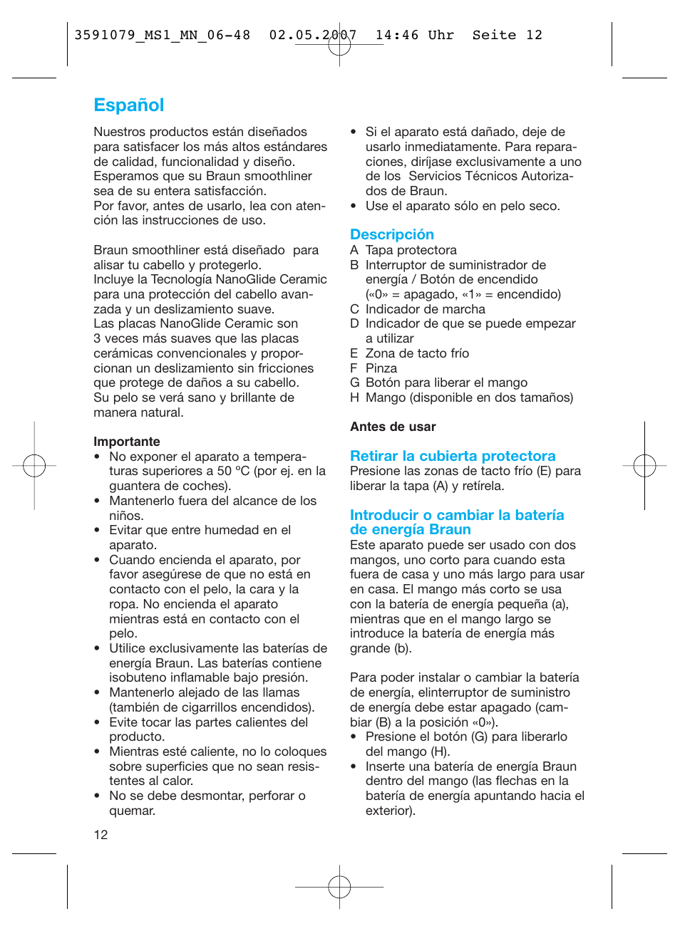 Español | Braun MS1 smoothliner cordless User Manual | Page 12 / 43