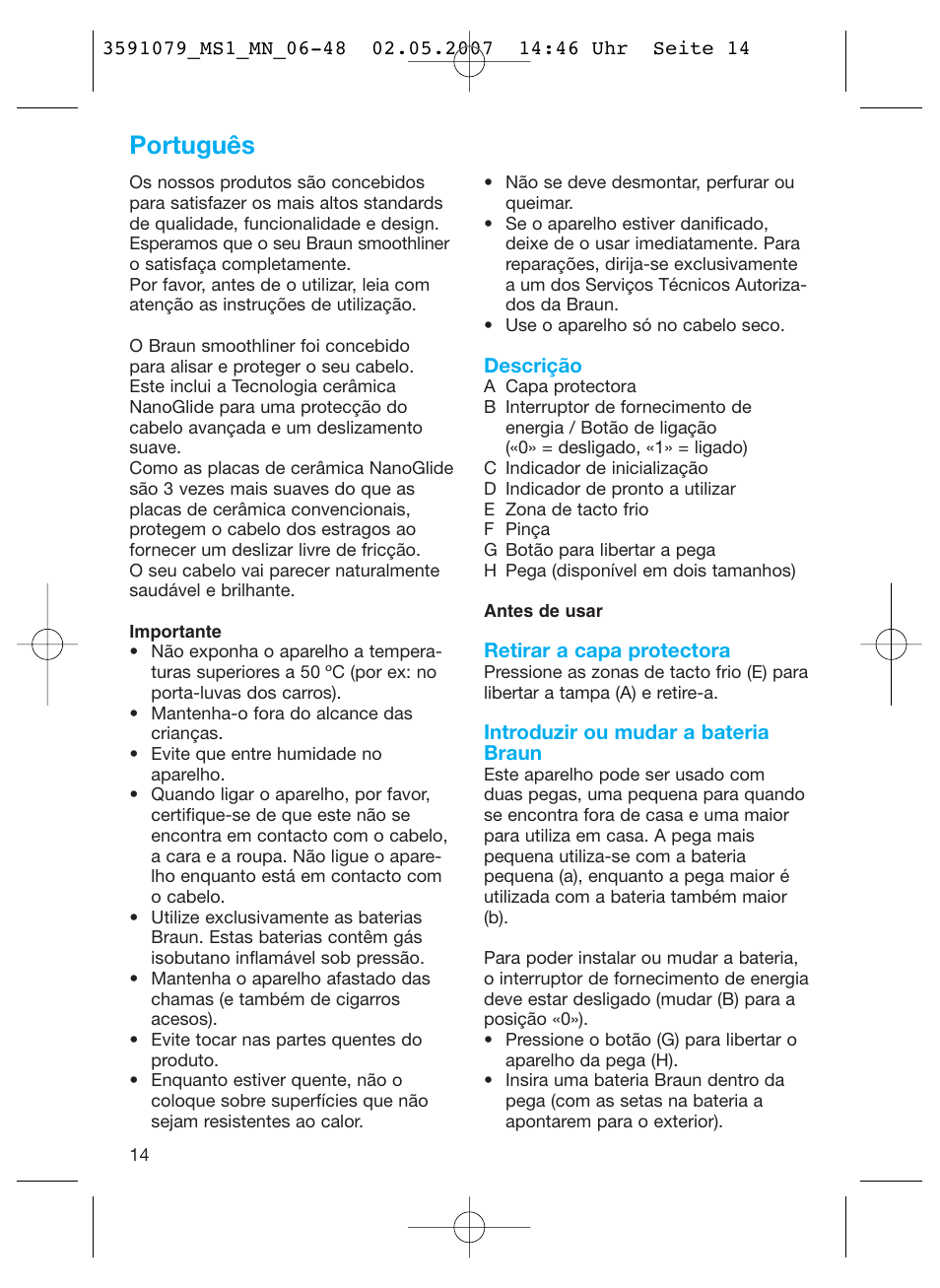Português | Braun MS1 smoothliner cordless User Manual | Page 14 / 43