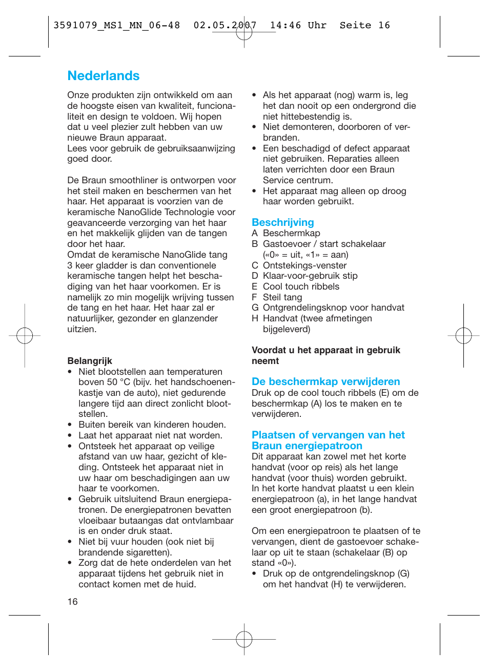 Nederlands | Braun MS1 smoothliner cordless User Manual | Page 16 / 43