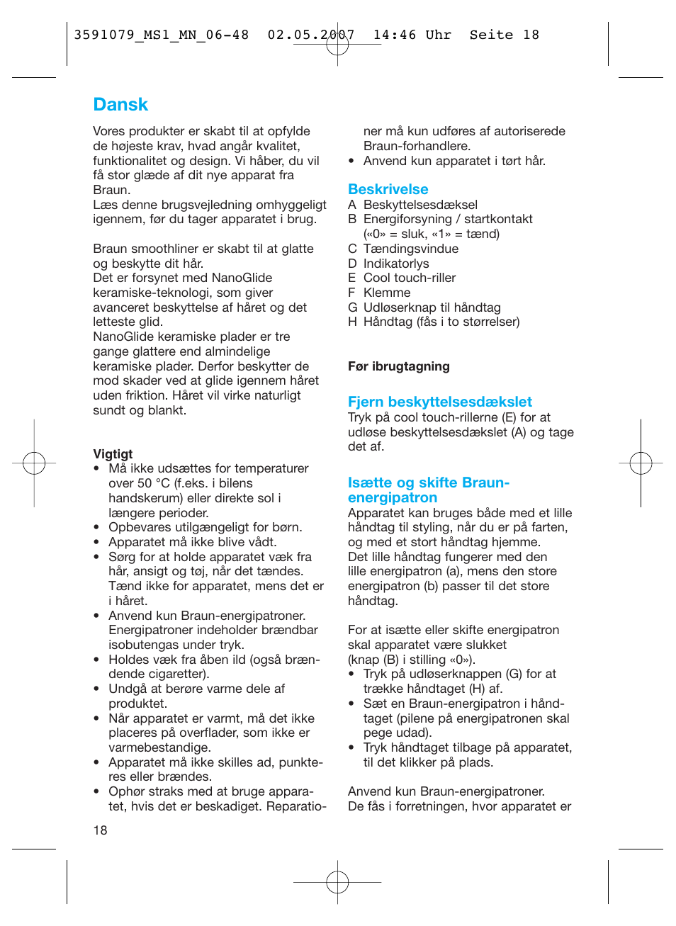 Dansk | Braun MS1 smoothliner cordless User Manual | Page 18 / 43