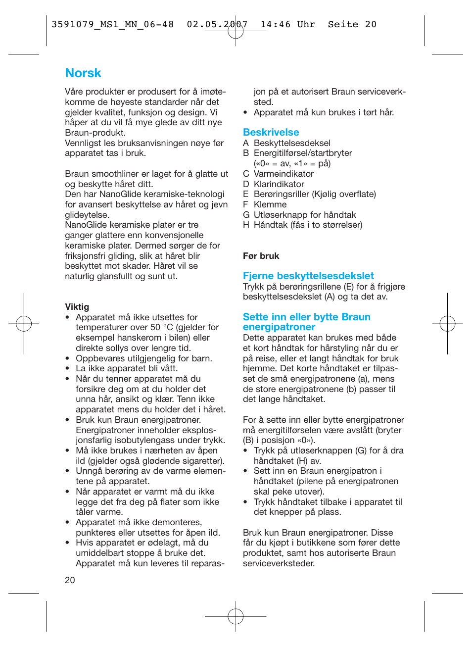 Norsk | Braun MS1 smoothliner cordless User Manual | Page 20 / 43