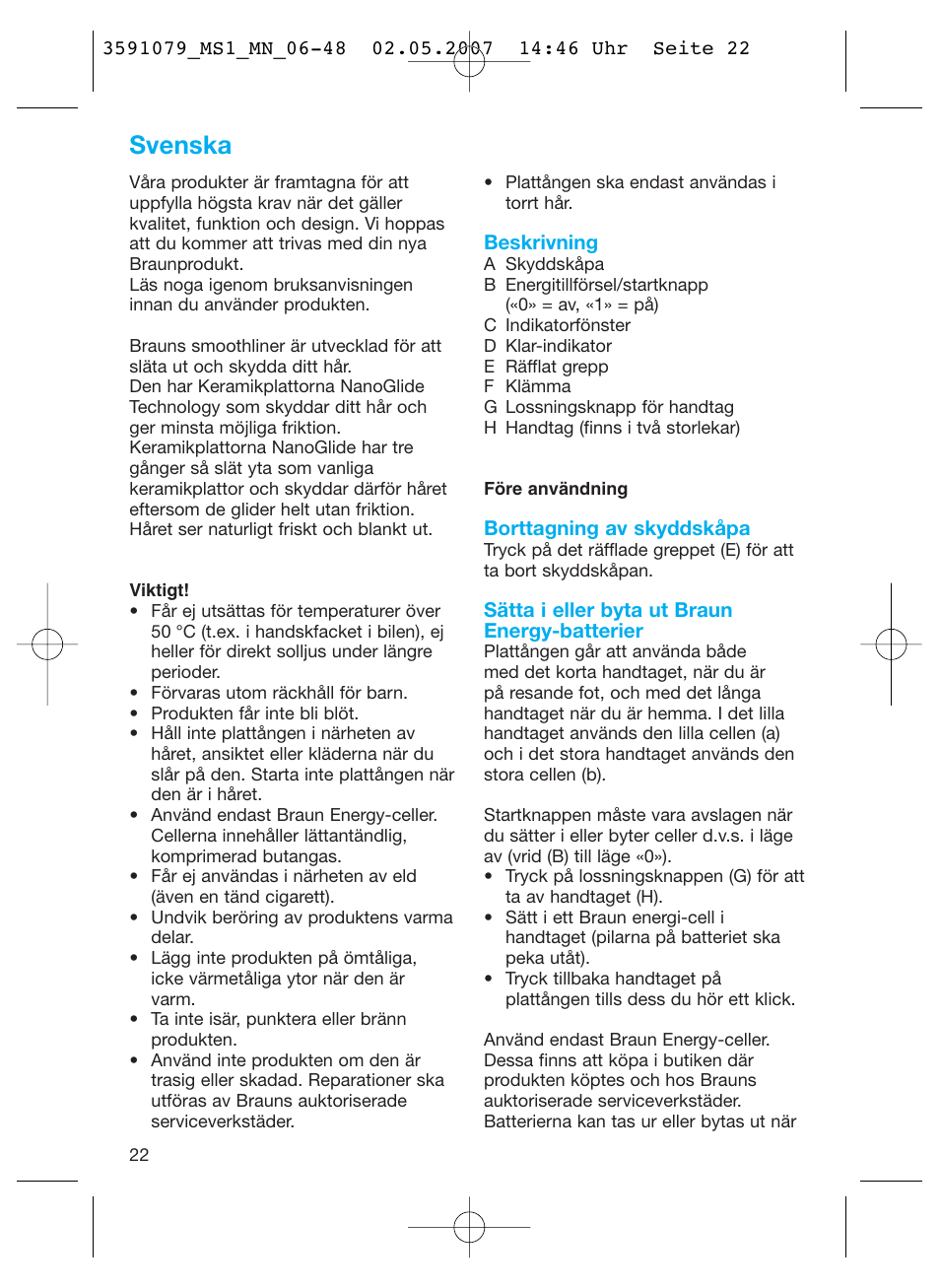 Svenska | Braun MS1 smoothliner cordless User Manual | Page 22 / 43
