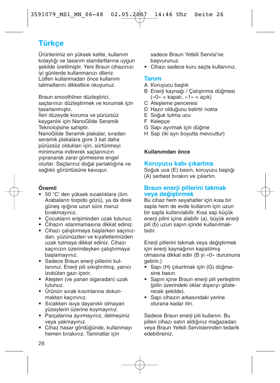 Türkçe | Braun MS1 smoothliner cordless User Manual | Page 26 / 43