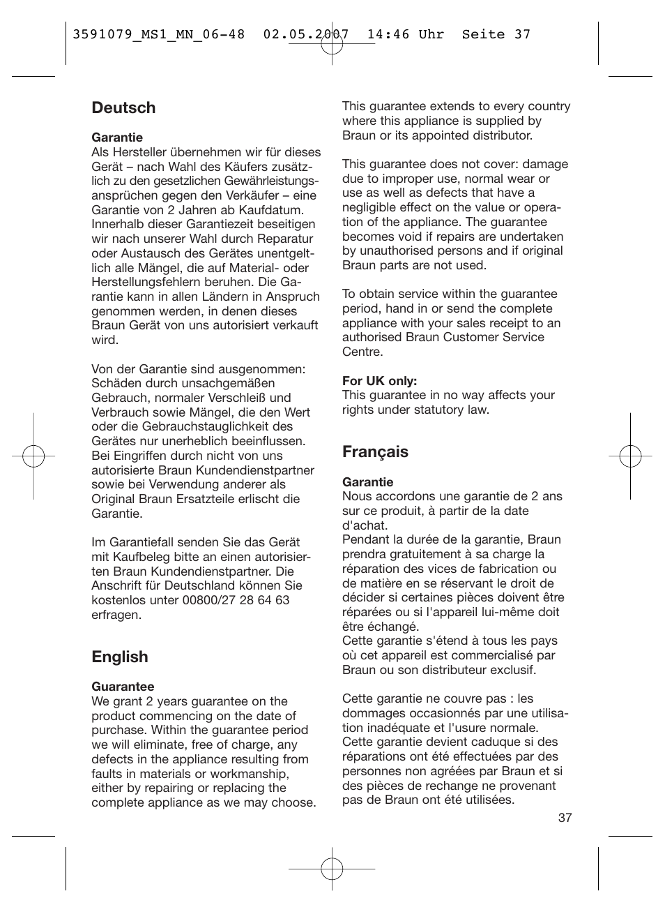 Deutsch, English, Français | Braun MS1 smoothliner cordless User Manual | Page 37 / 43