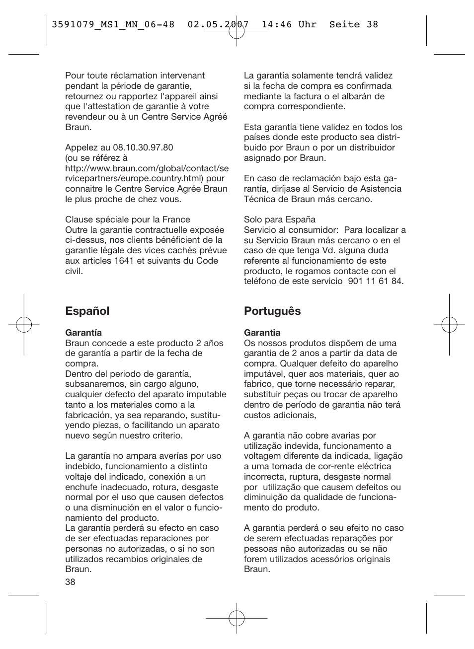Español, Português | Braun MS1 smoothliner cordless User Manual | Page 38 / 43
