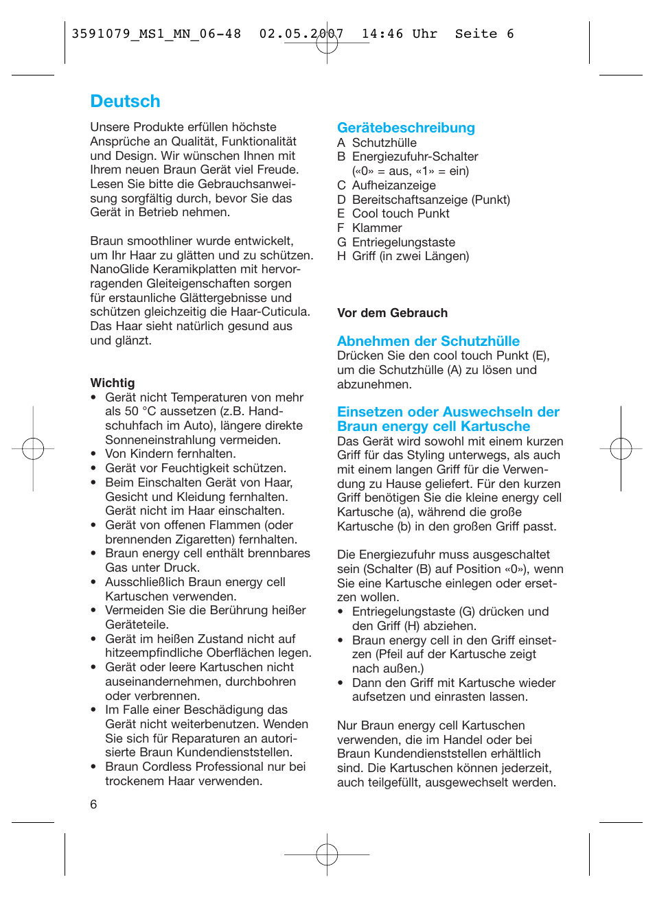 Deutsch | Braun MS1 smoothliner cordless User Manual | Page 6 / 43