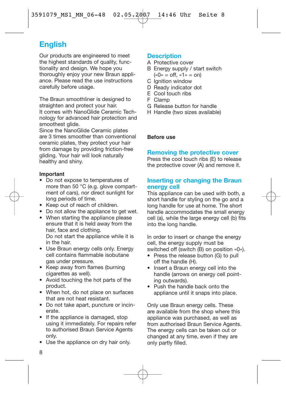 English | Braun MS1 smoothliner cordless User Manual | Page 8 / 43