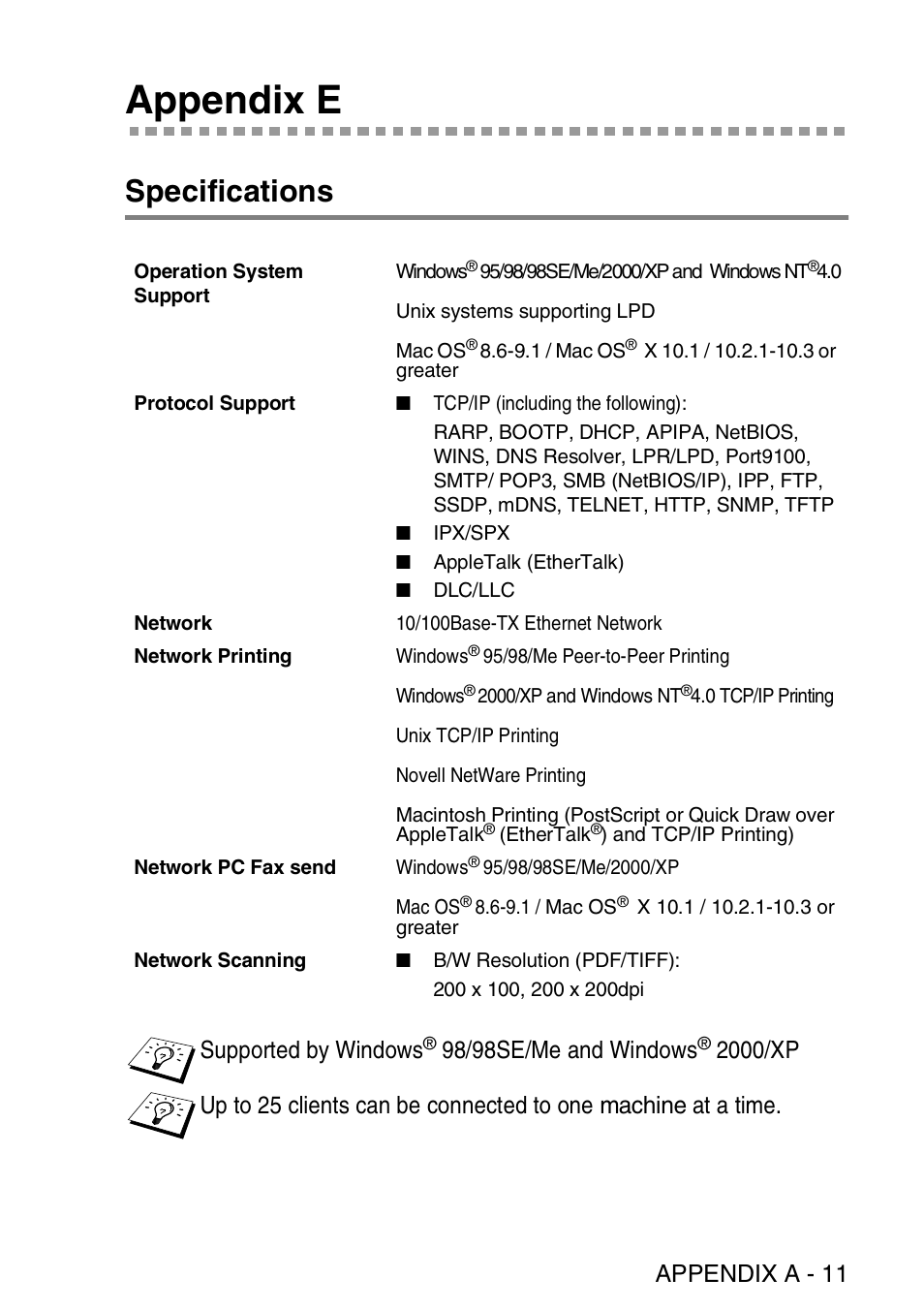 Appendix e, Specifications | Brother MFC 8220 User Manual | Page 170 / 176