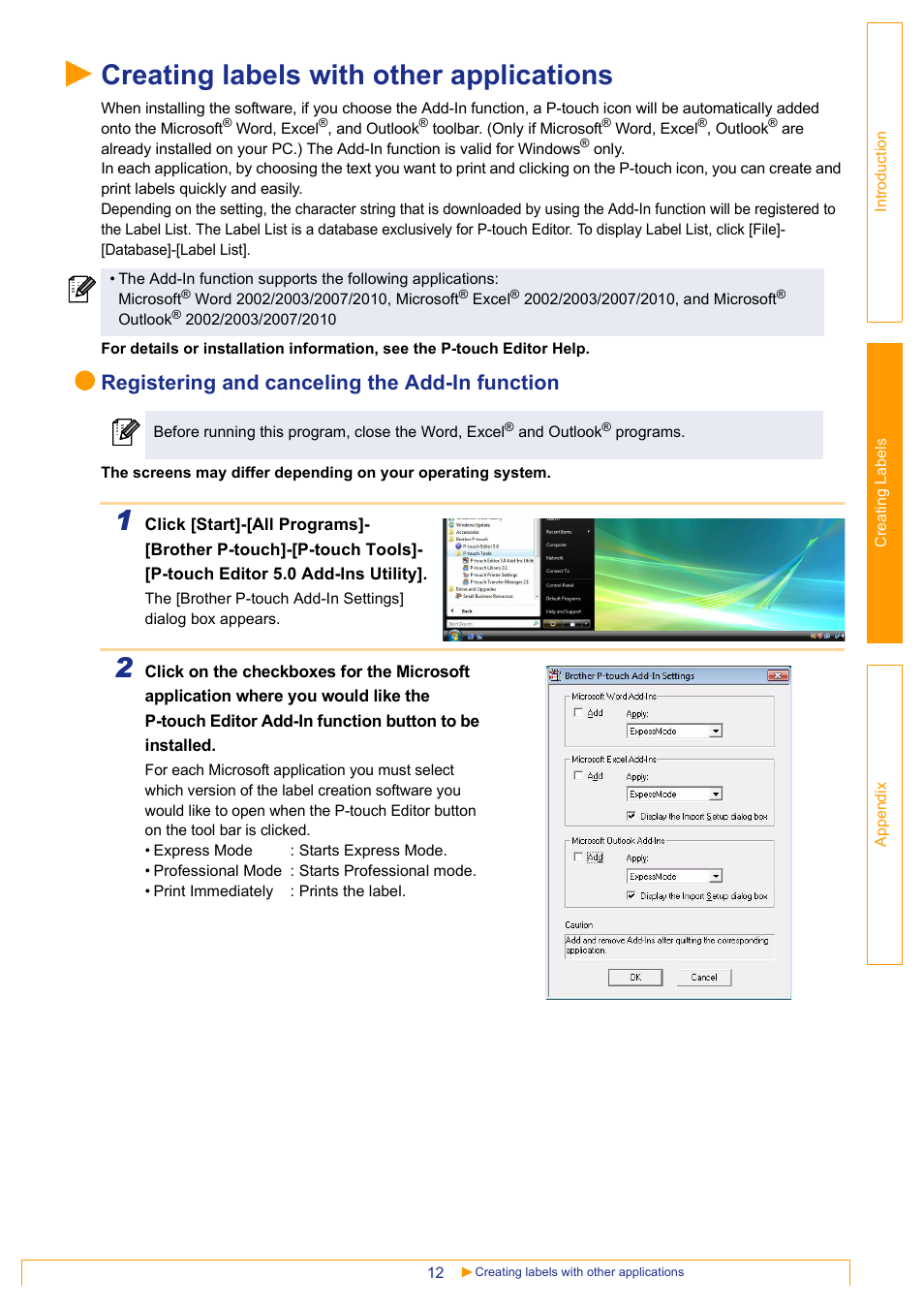 Creating labels with other applications, Registering and canceling the add-in function | Brother QL-1060N User Manual | Page 13 / 48