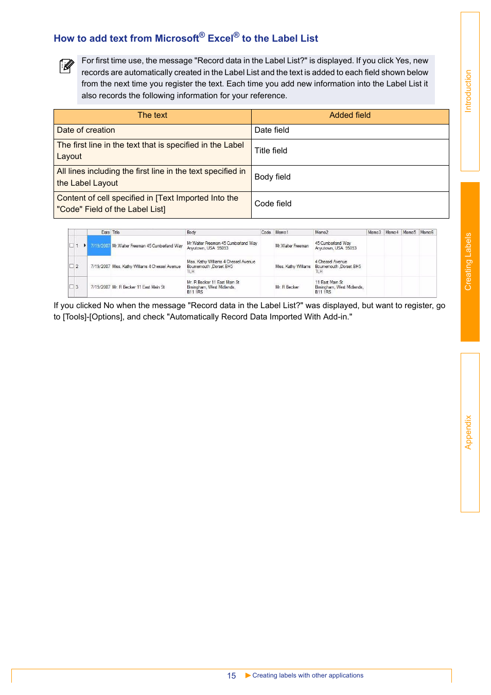 How to add text from microsoft, Excel | Brother QL-1060N User Manual | Page 16 / 48