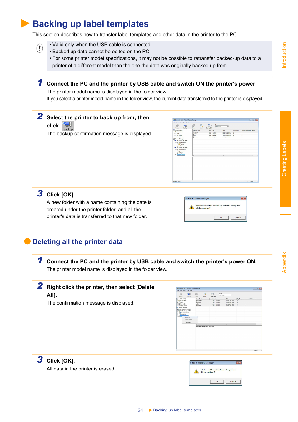 Backing up label templates, Deleting all the printer data | Brother QL-1060N User Manual | Page 25 / 48