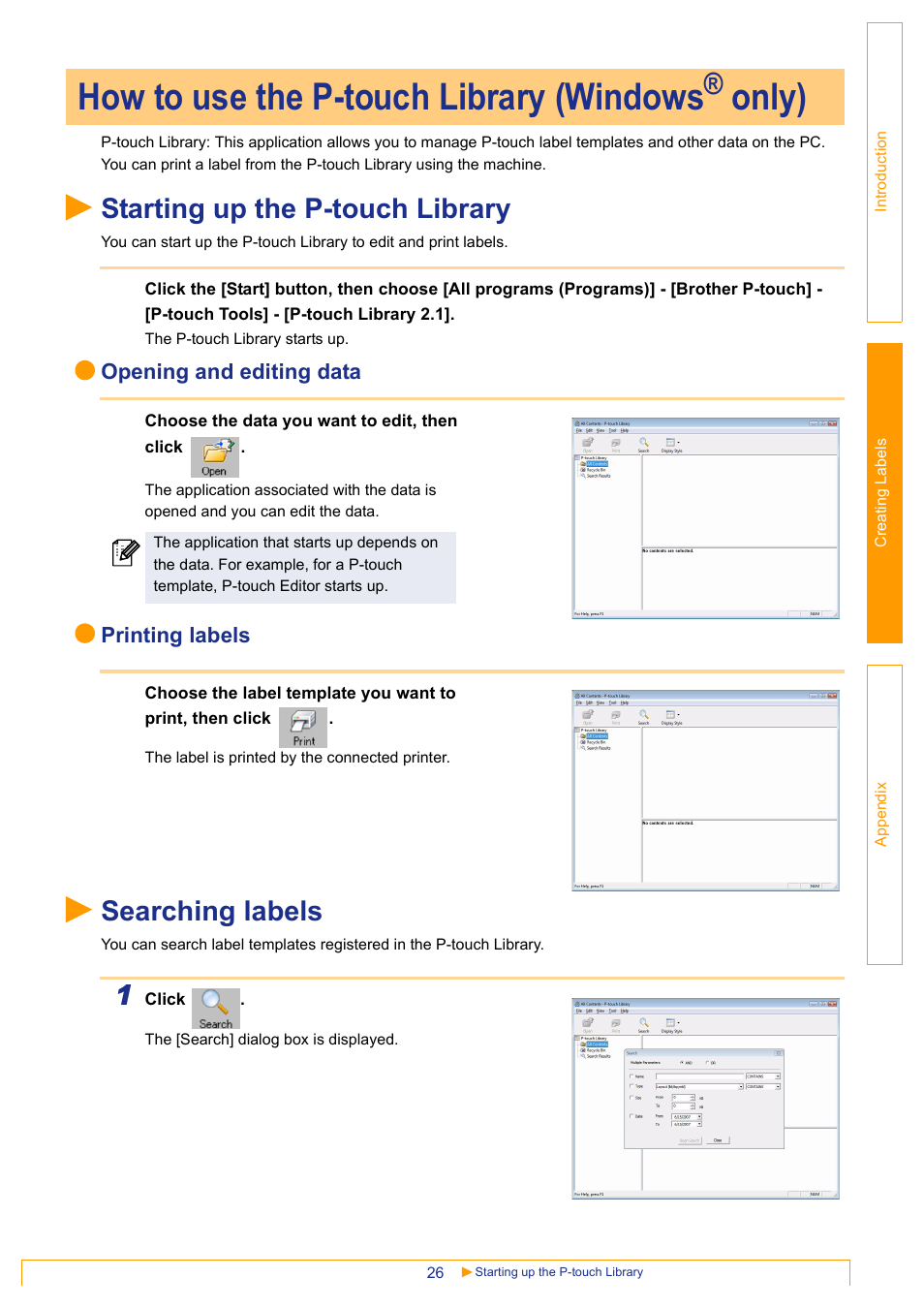 How to use the p-touch library (windows® only), Starting up the p-touch library, Searching labels | Starting up the p-touch library searching labels, How to use the p-touch library (windows, Only), Opening and editing data, Printing labels | Brother QL-1060N User Manual | Page 27 / 48