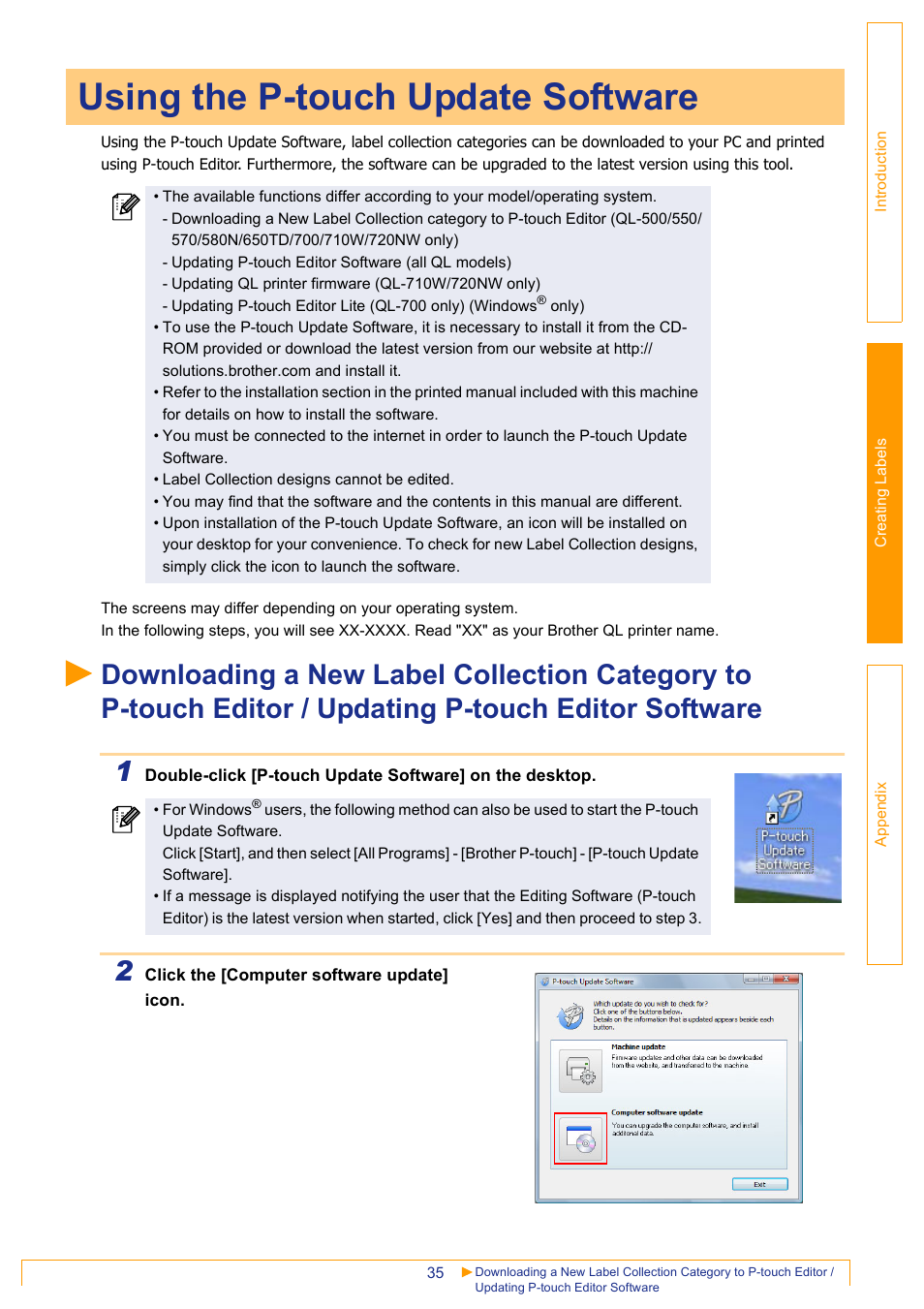 Using the p-touch update software, Updating p-touch editor software | Brother QL-1060N User Manual | Page 36 / 48