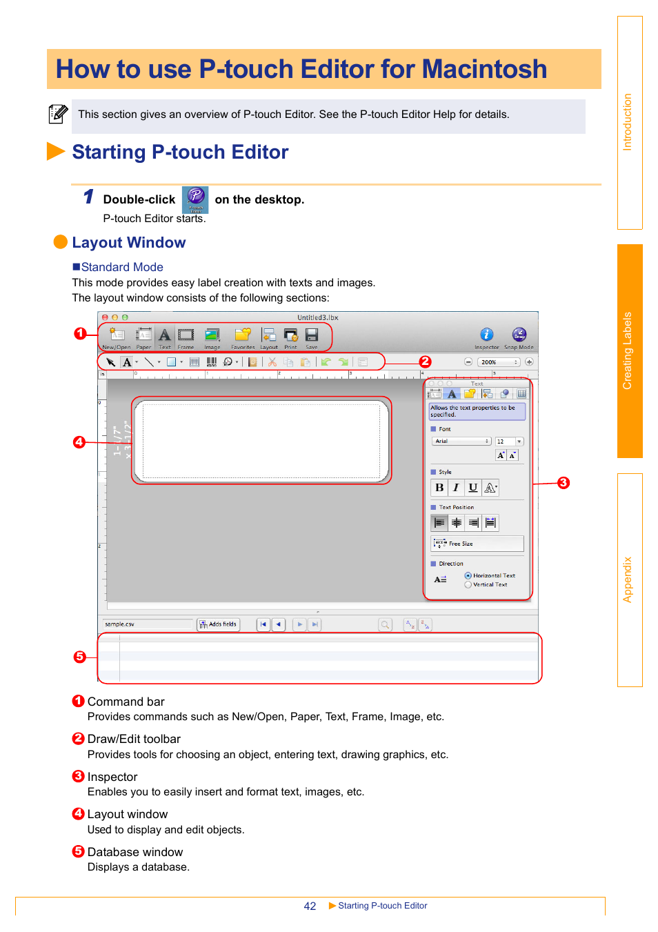 How to use p-touch editor for macintosh, Starting p-touch editor, Starting p-touch editor 1 | Layout window | Brother QL-1060N User Manual | Page 43 / 48