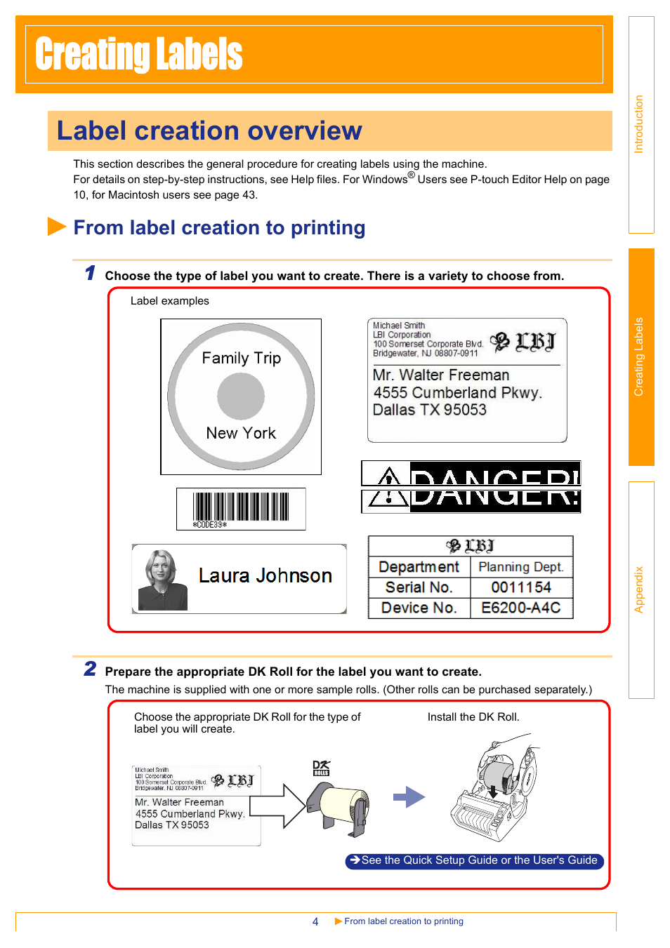 Creating labels, Label creation overview, From label creation to printing | G la | Brother QL-1060N User Manual | Page 5 / 48