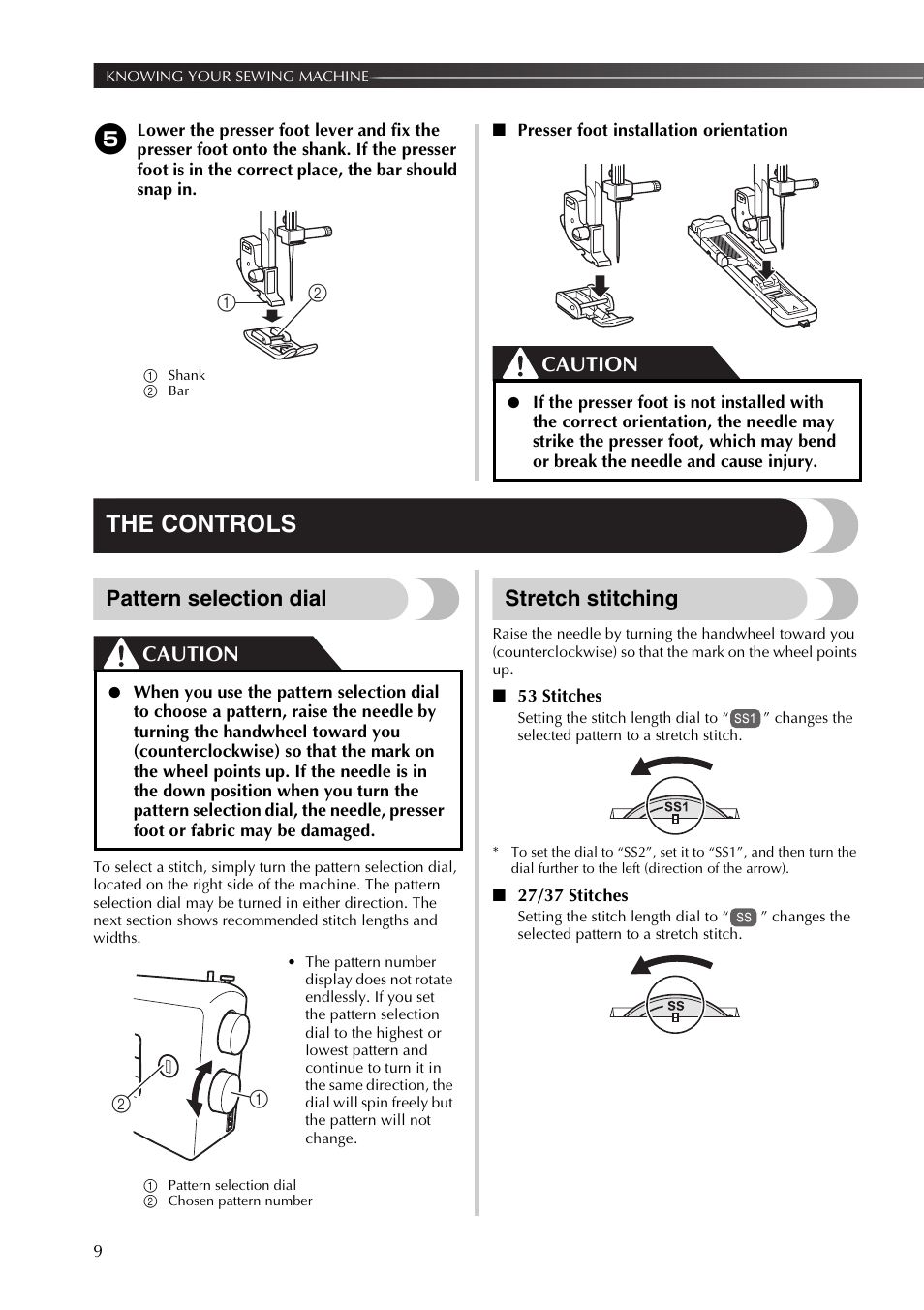 The controls, Pattern selection dial, Stretch stitching | Caution | Brother SB530T User Manual | Page 10 / 104