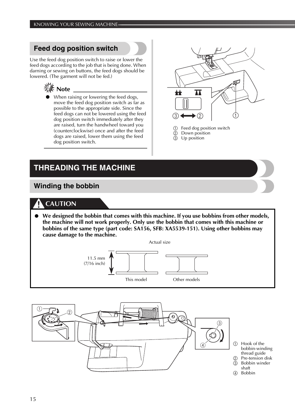 Threading the machine, Feed dog position switch, Winding the bobbin | Caution | Brother SB530T User Manual | Page 16 / 104