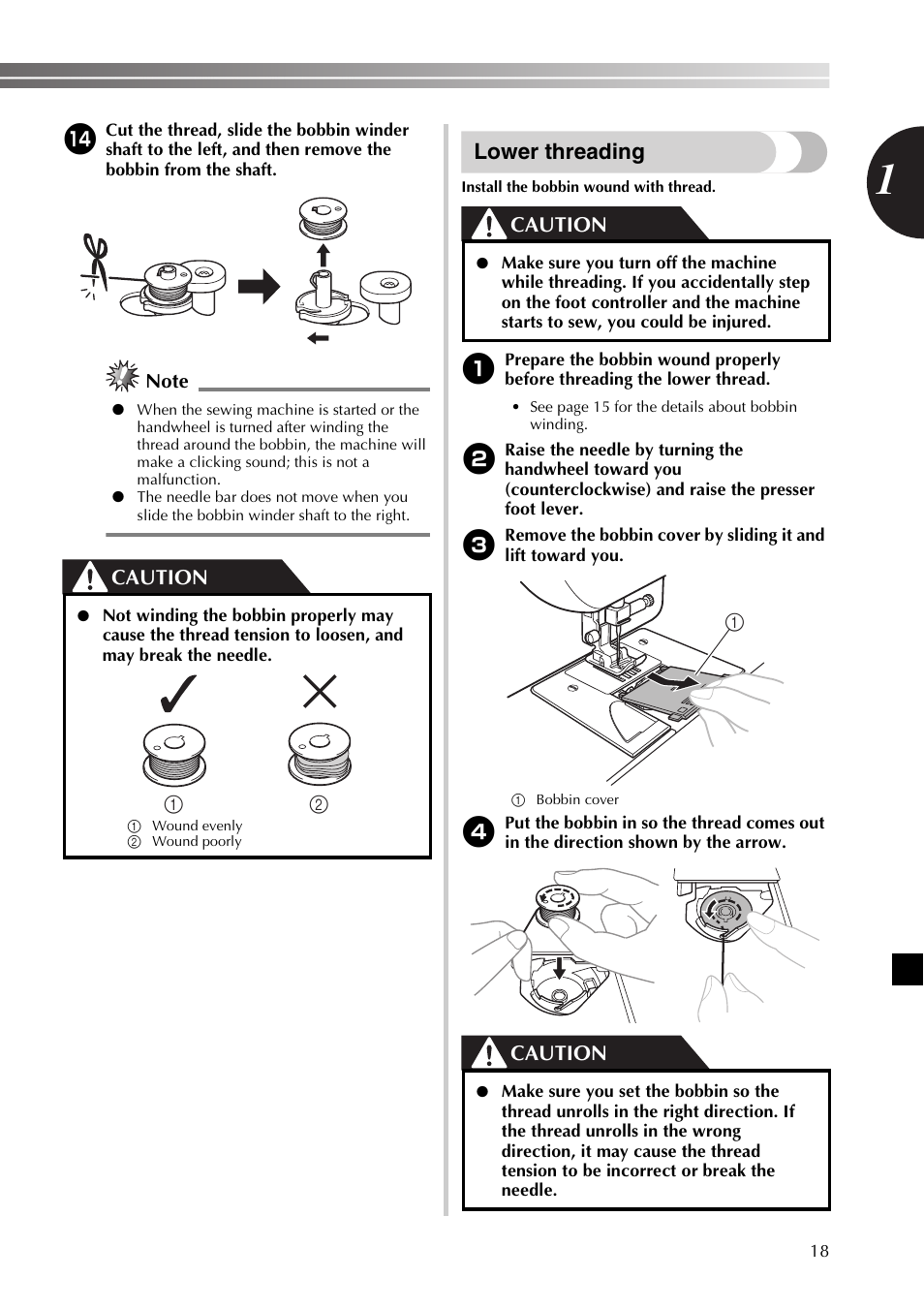 Lower threading, Caution | Brother SB530T User Manual | Page 19 / 104