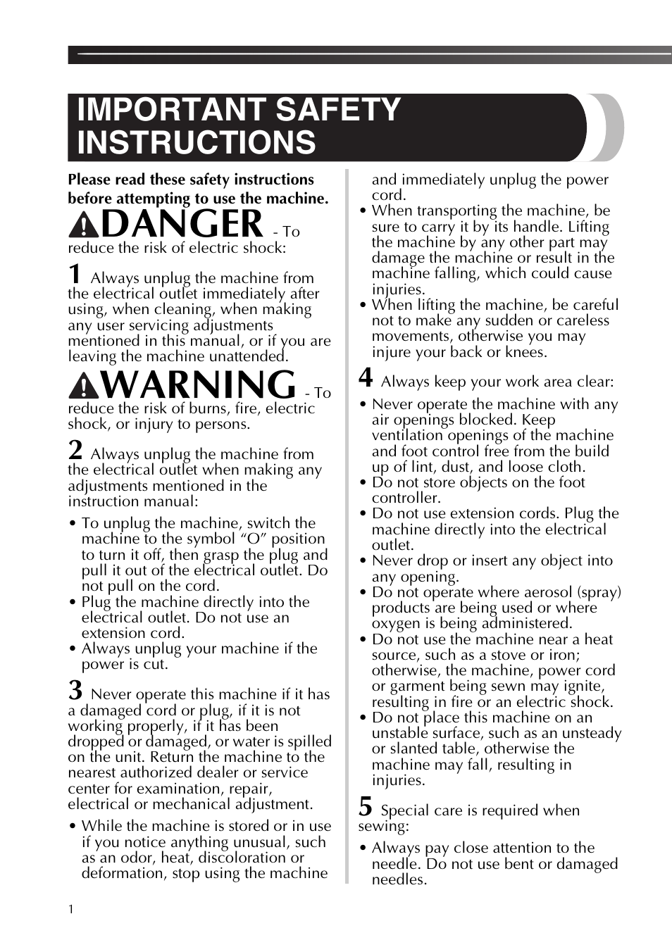 Danger, Warning, Important safety instructions | Brother SB530T User Manual | Page 2 / 104
