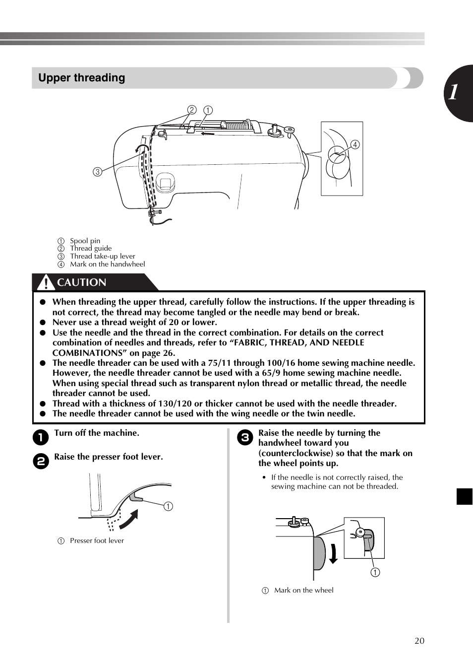 Upper threading, Caution | Brother SB530T User Manual | Page 21 / 104