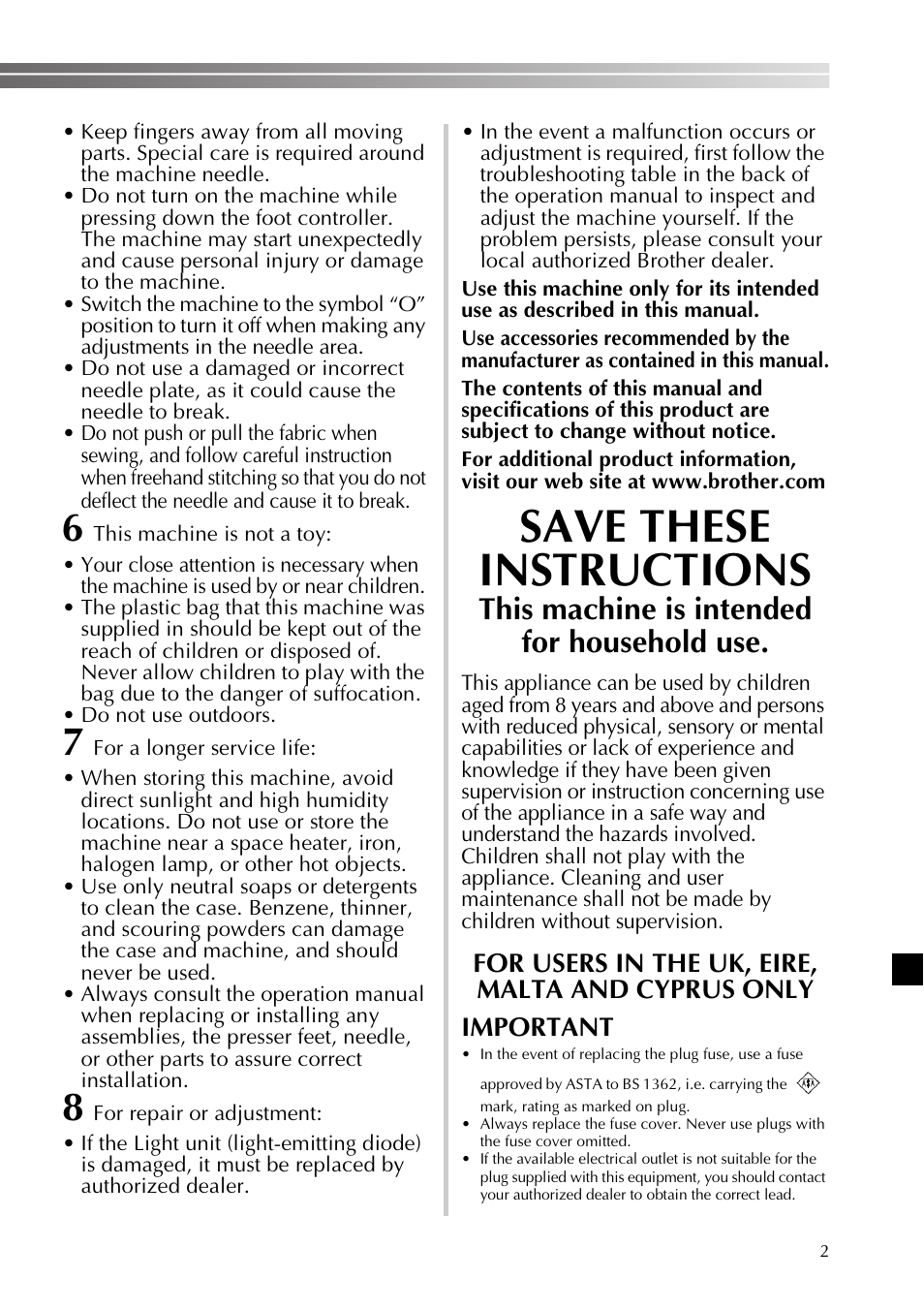 Save these instructions, This machine is intended for household use | Brother SB530T User Manual | Page 3 / 104