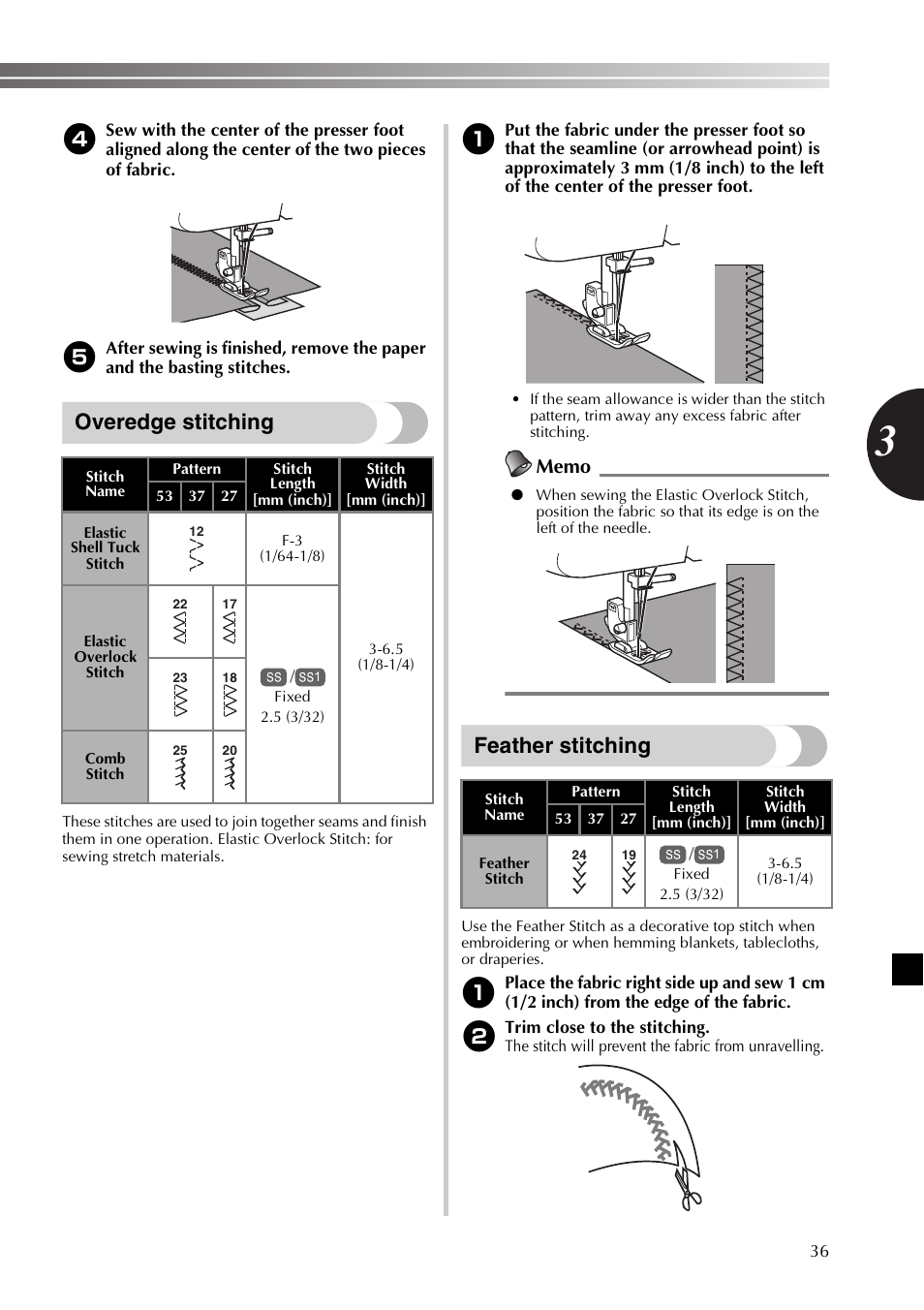 Overedge stitching, Feather stitching | Brother SB530T User Manual | Page 37 / 104