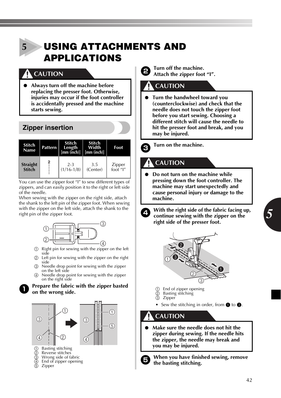 5using attachments and applications, Zipper insertion, Caution | Brother SB530T User Manual | Page 43 / 104