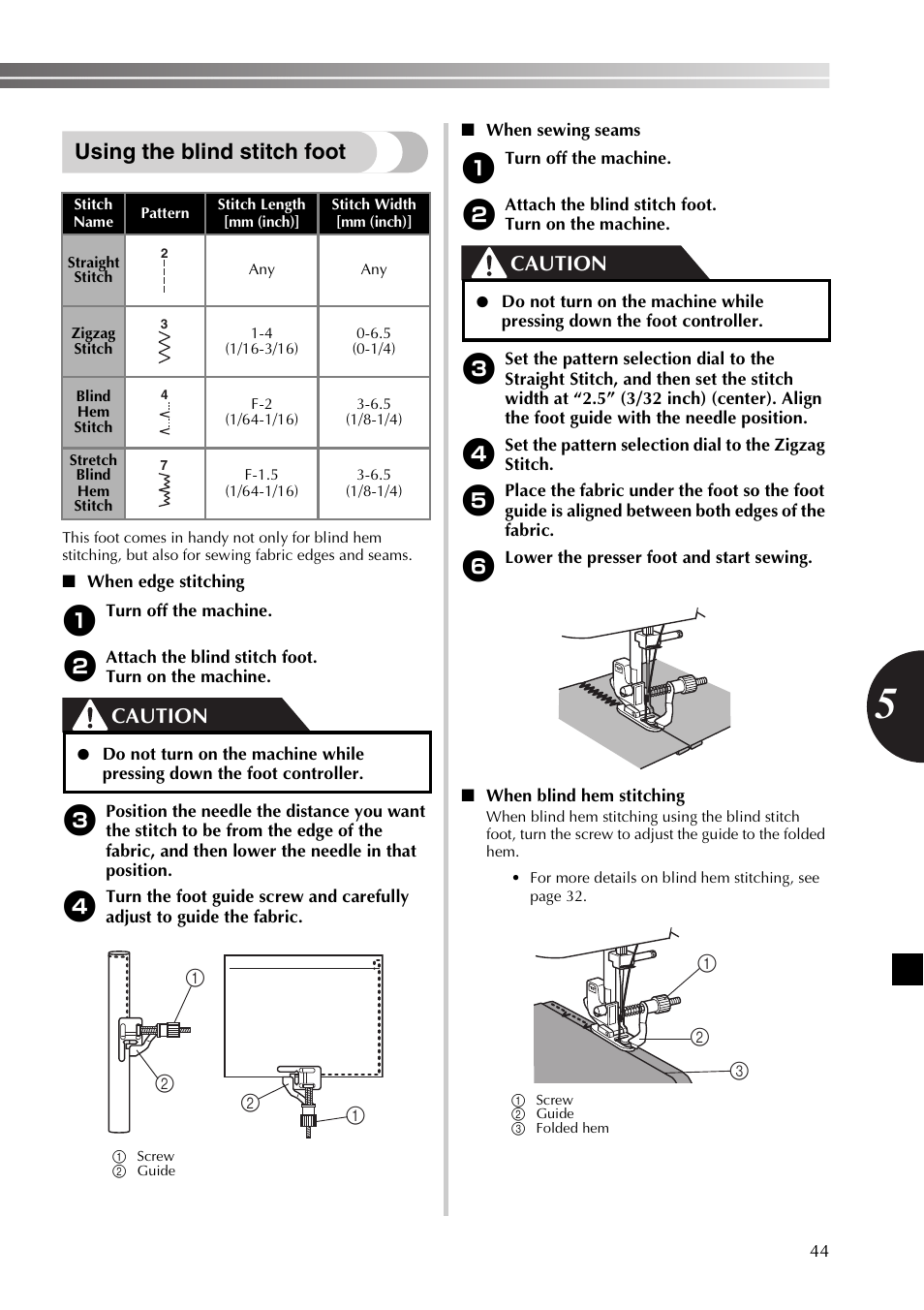 Using the blind stitch foot, Caution | Brother SB530T User Manual | Page 45 / 104