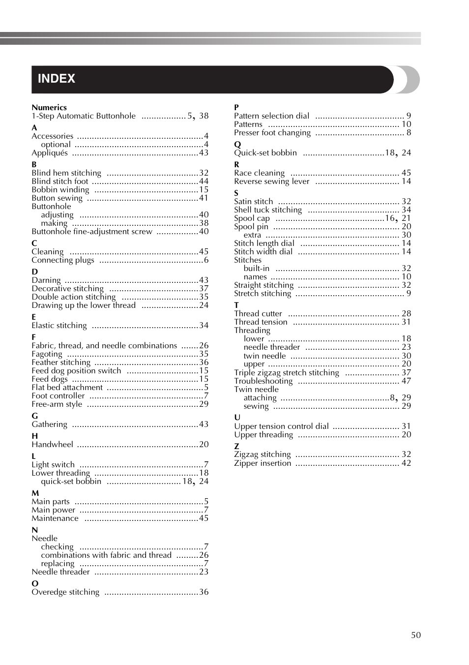 Index | Brother SB530T User Manual | Page 51 / 104