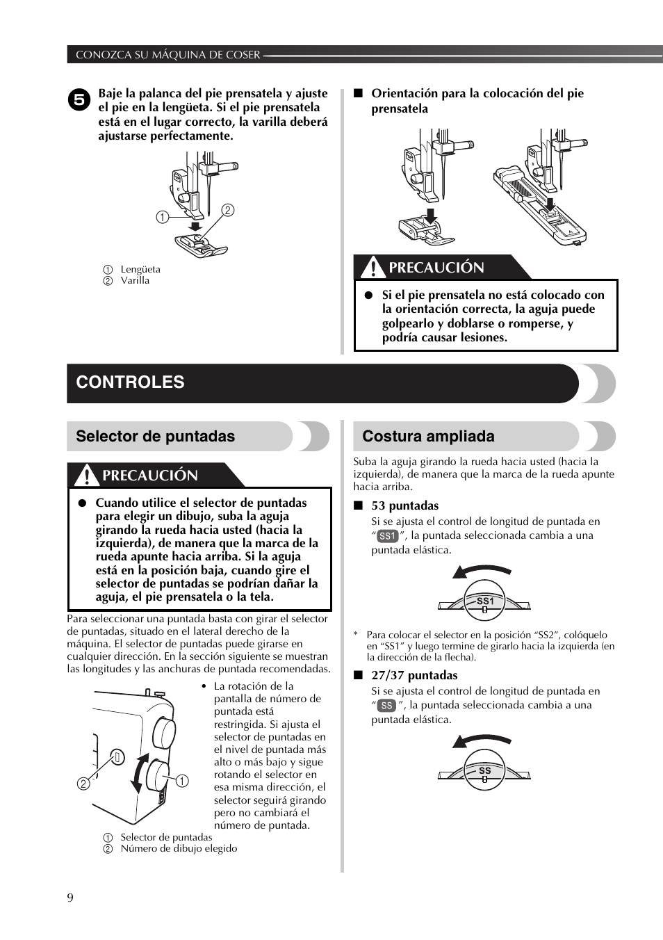 Controles, Selector de puntadas, Costura ampliada | Precaución | Brother SB530T User Manual | Page 60 / 104